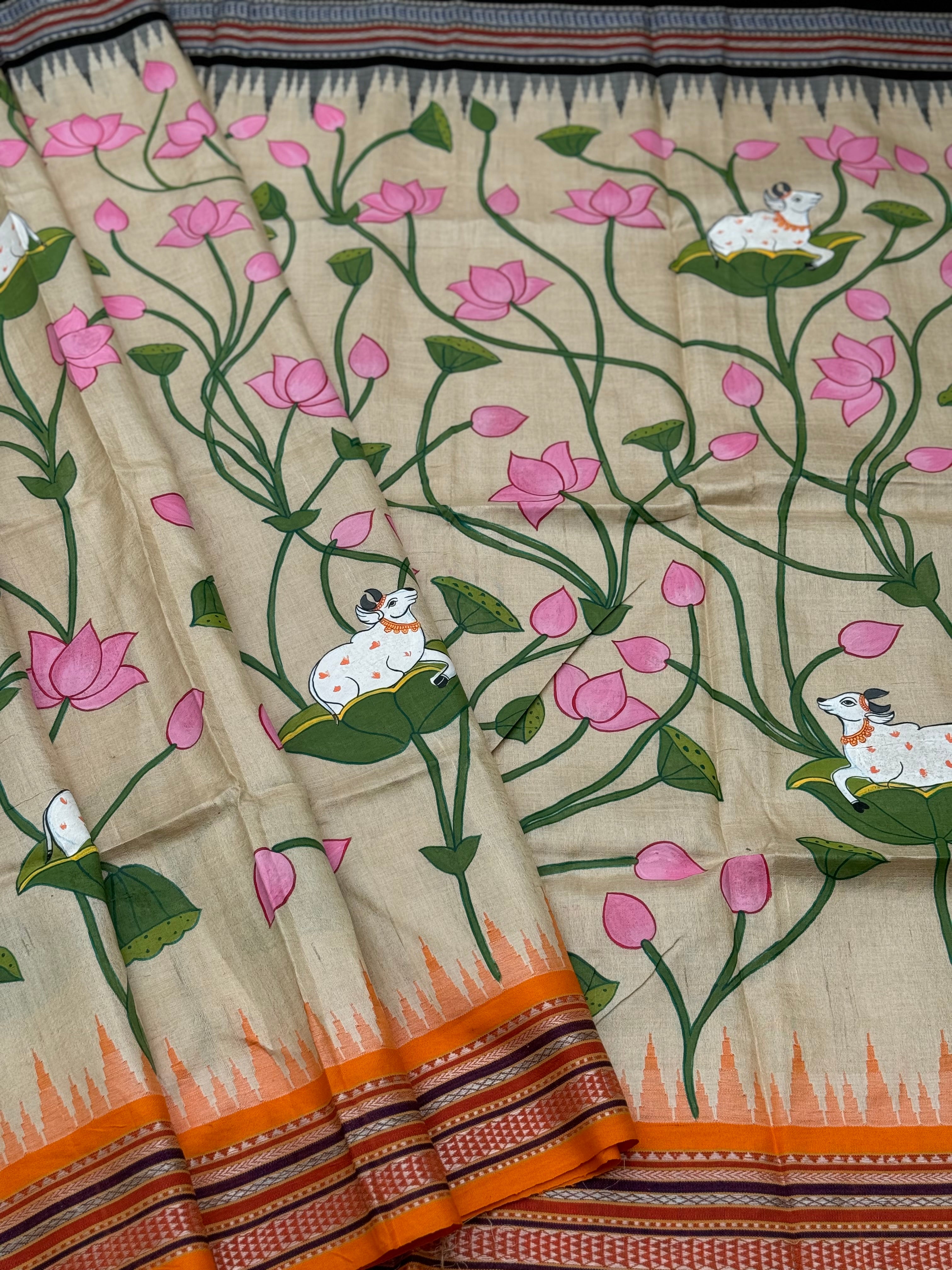 Madhubani pichwai folk art on Vidarbha tussar silk saree with Karvati kinar border