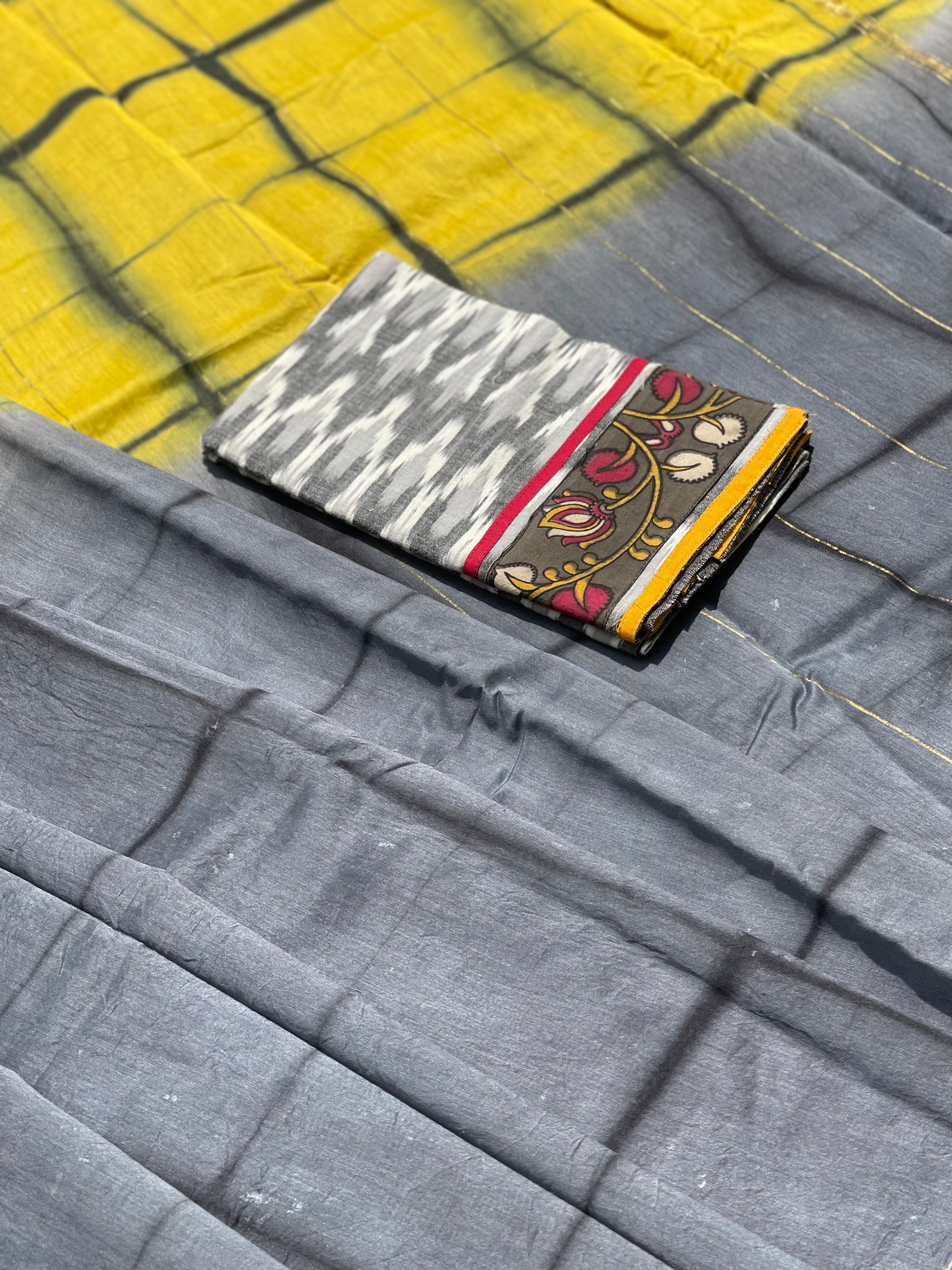 Chanderi Silk cotton hand block printed saree with striped zari border