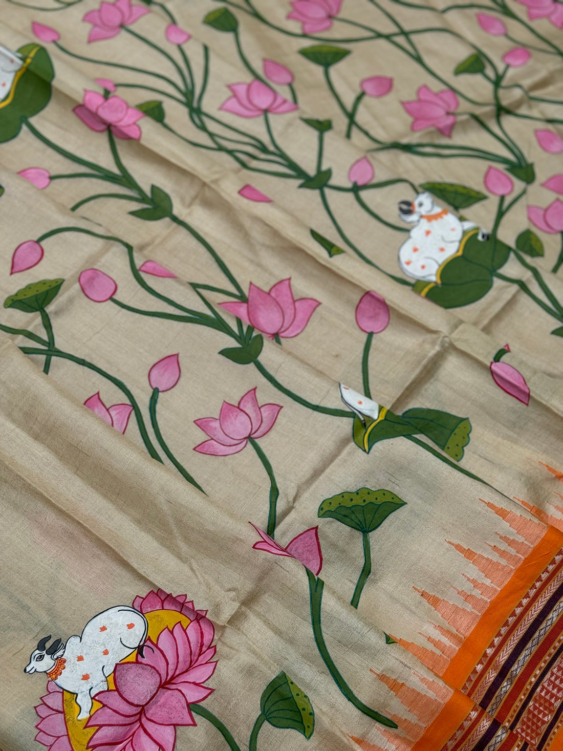 Madhubani pichwai folk art on Vidarbha tussar silk saree with Karvati kinar border