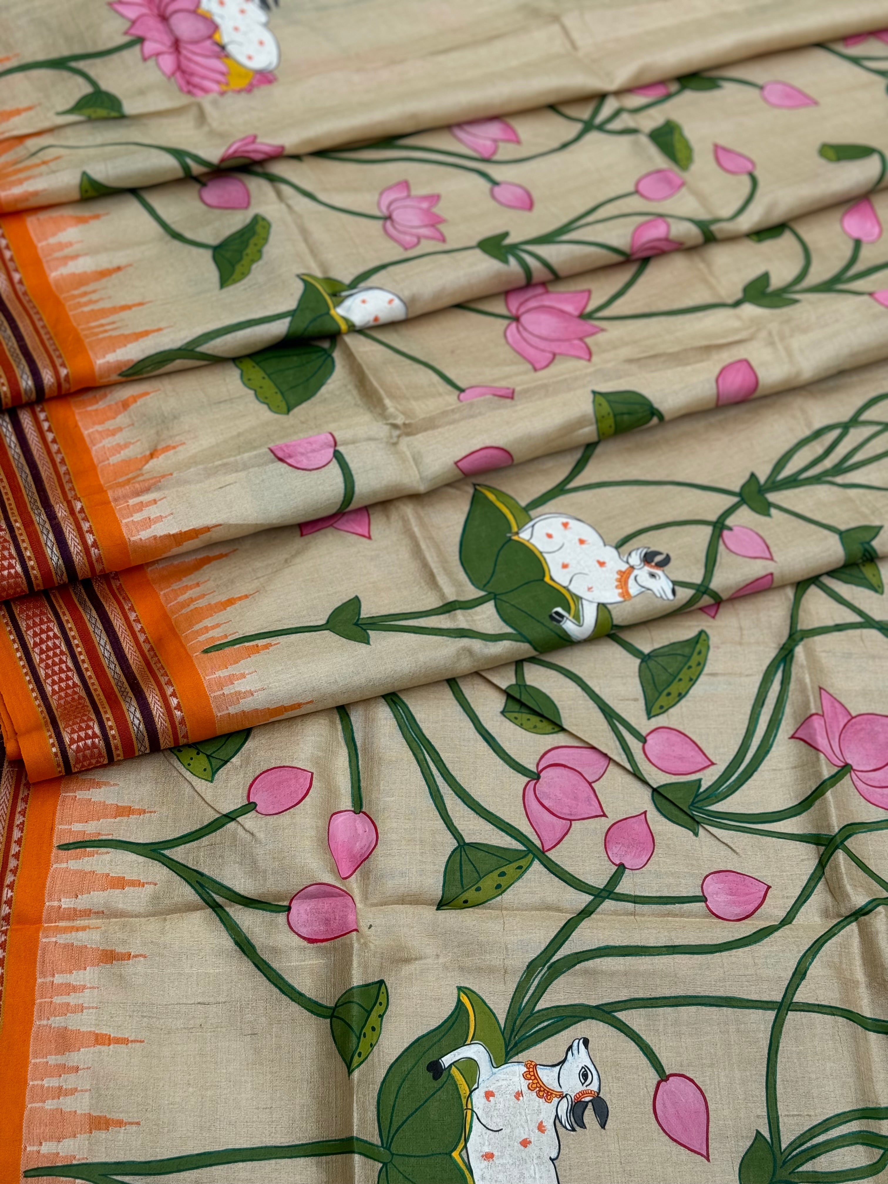 Madhubani pichwai folk art on Vidarbha tussar silk saree with Karvati kinar border