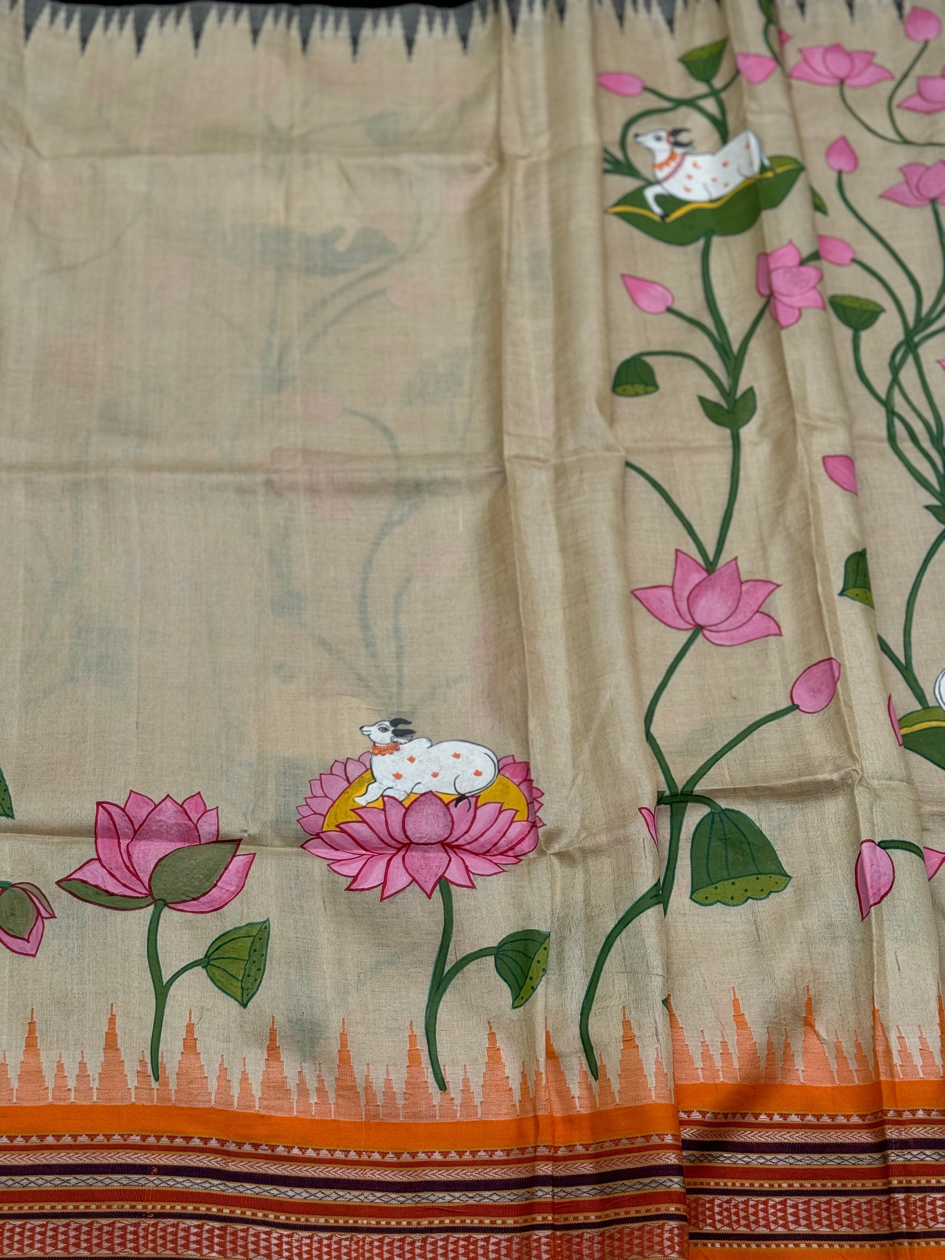 Madhubani pichwai folk art on Vidarbha tussar silk saree with Karvati kinar border