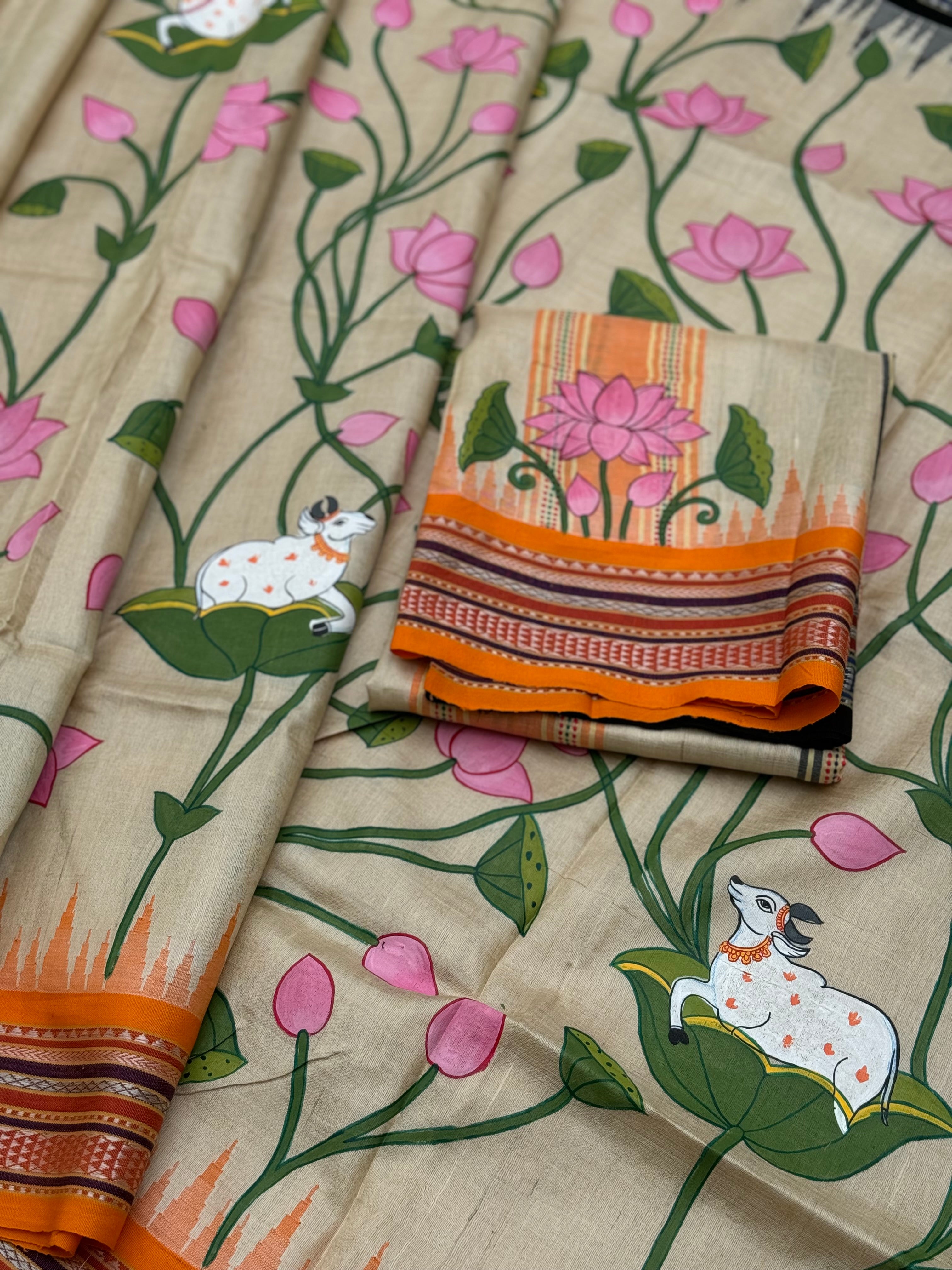 Madhubani pichwai folk art on Vidarbha tussar silk saree with Karvati kinar border