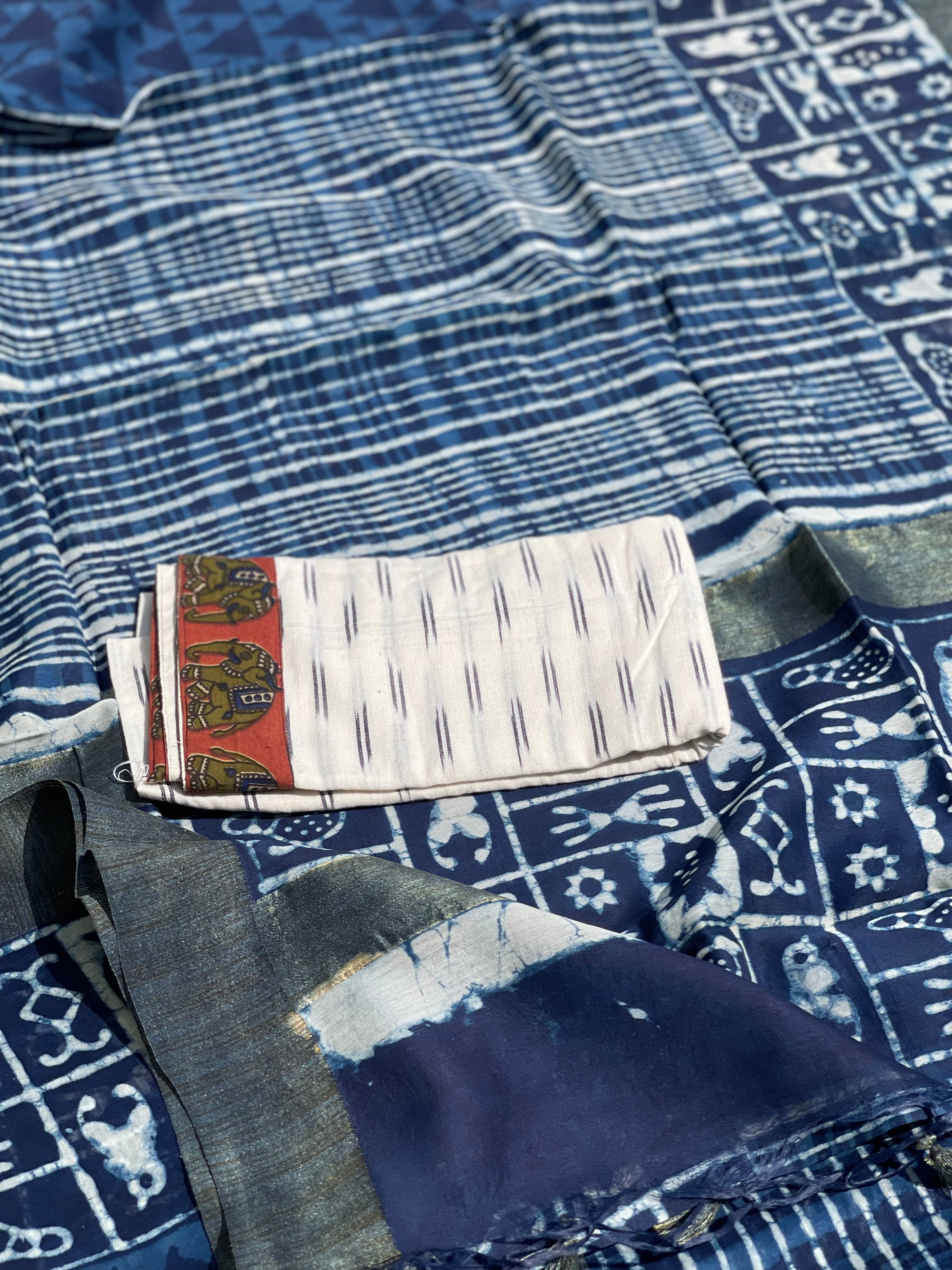 Indigo Chanderi Silk cotton hand block printed saree with ghicha border