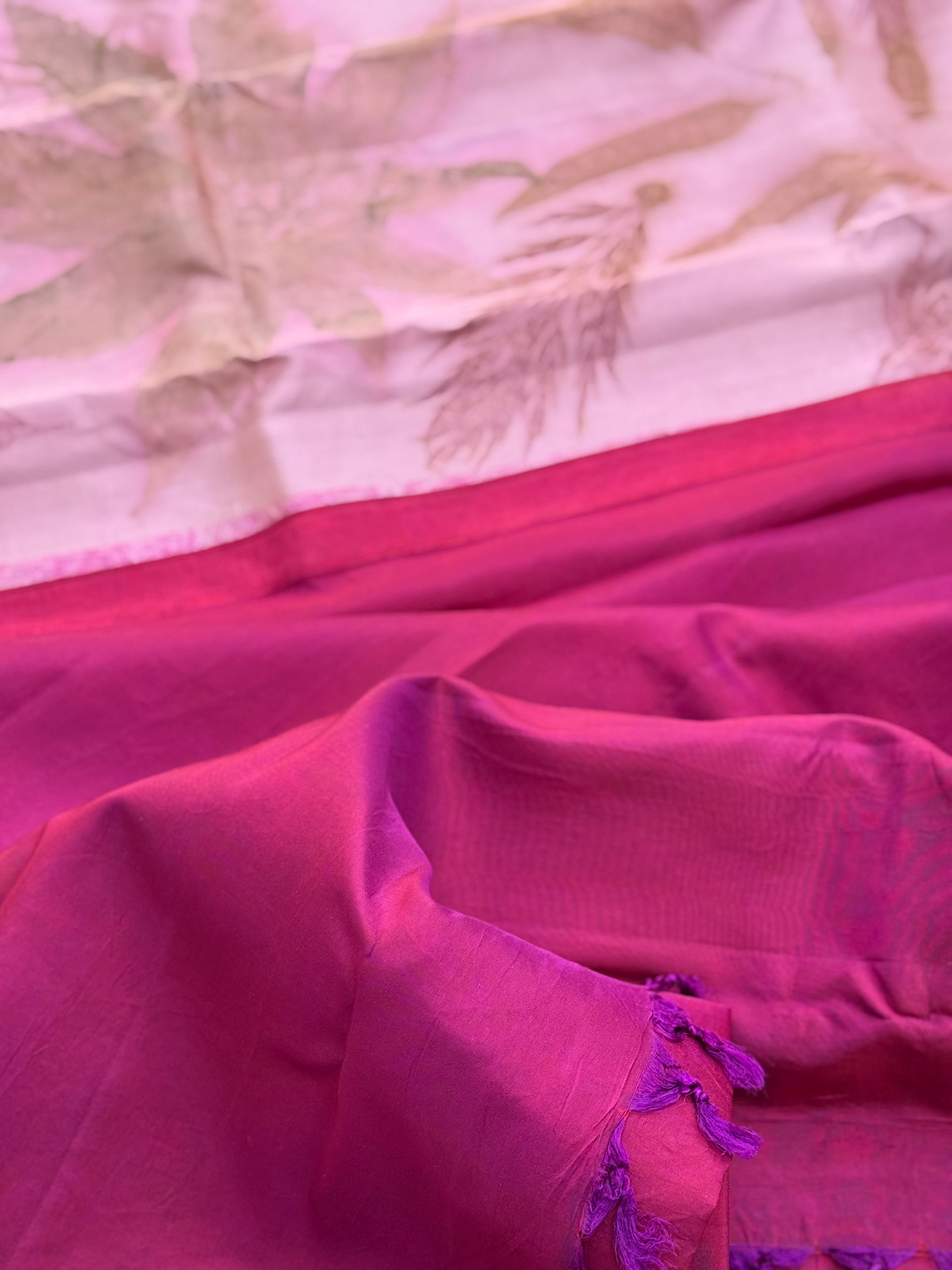 A gorgeous natural ecoprints pink on pink kuttu gadwal silk saree