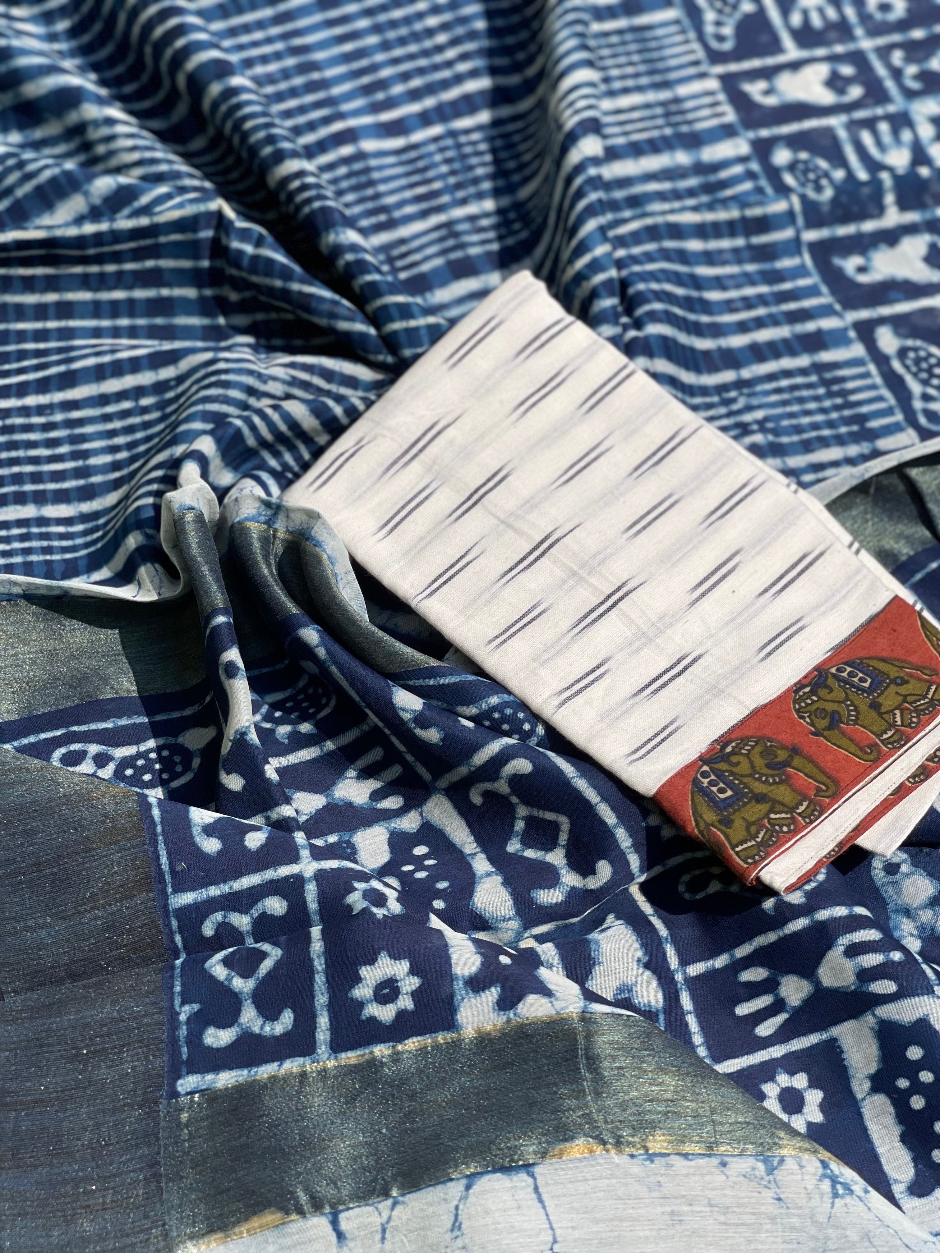 Indigo Chanderi Silk cotton hand block printed saree with ghicha border