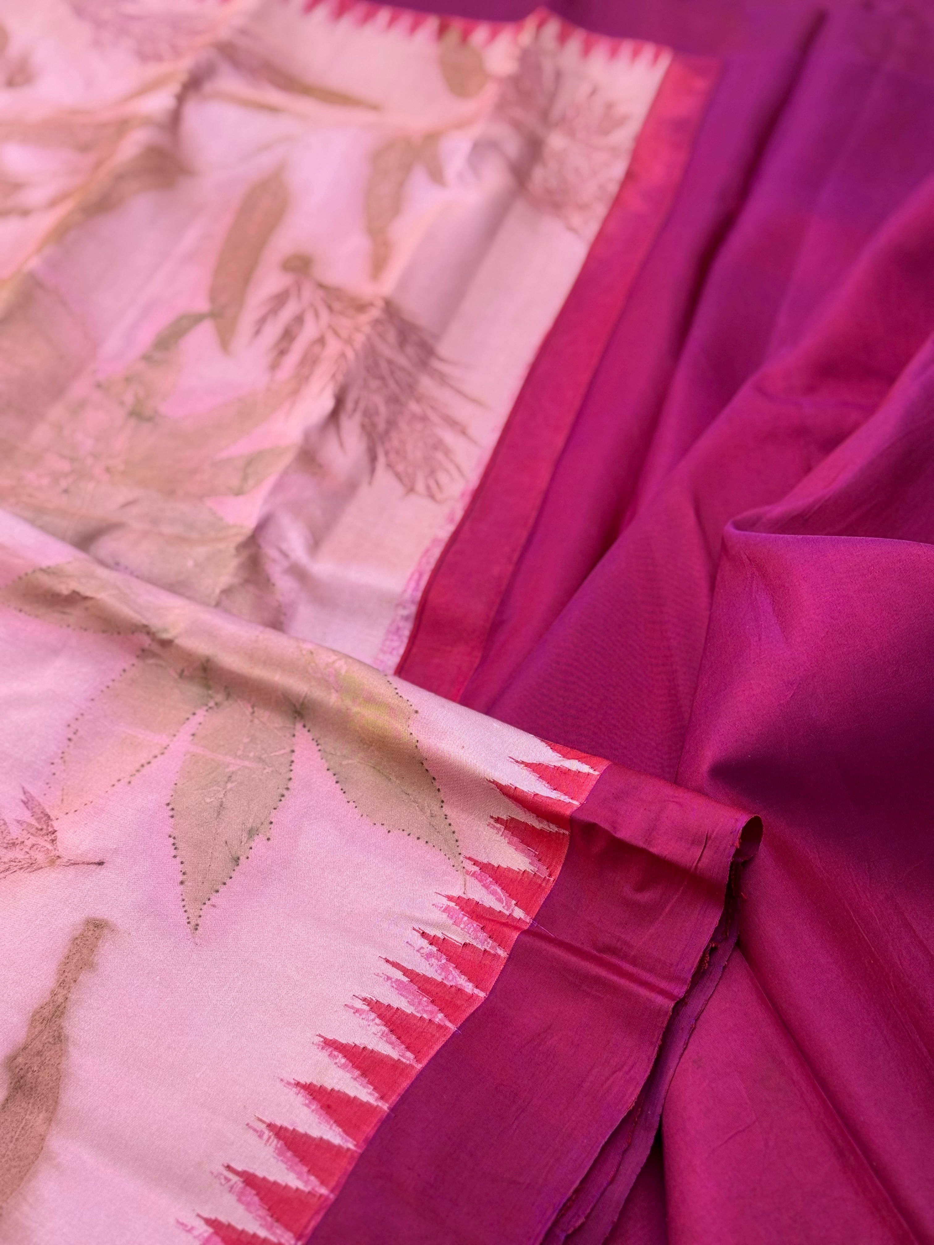 A gorgeous natural ecoprints pink on pink kuttu gadwal silk saree