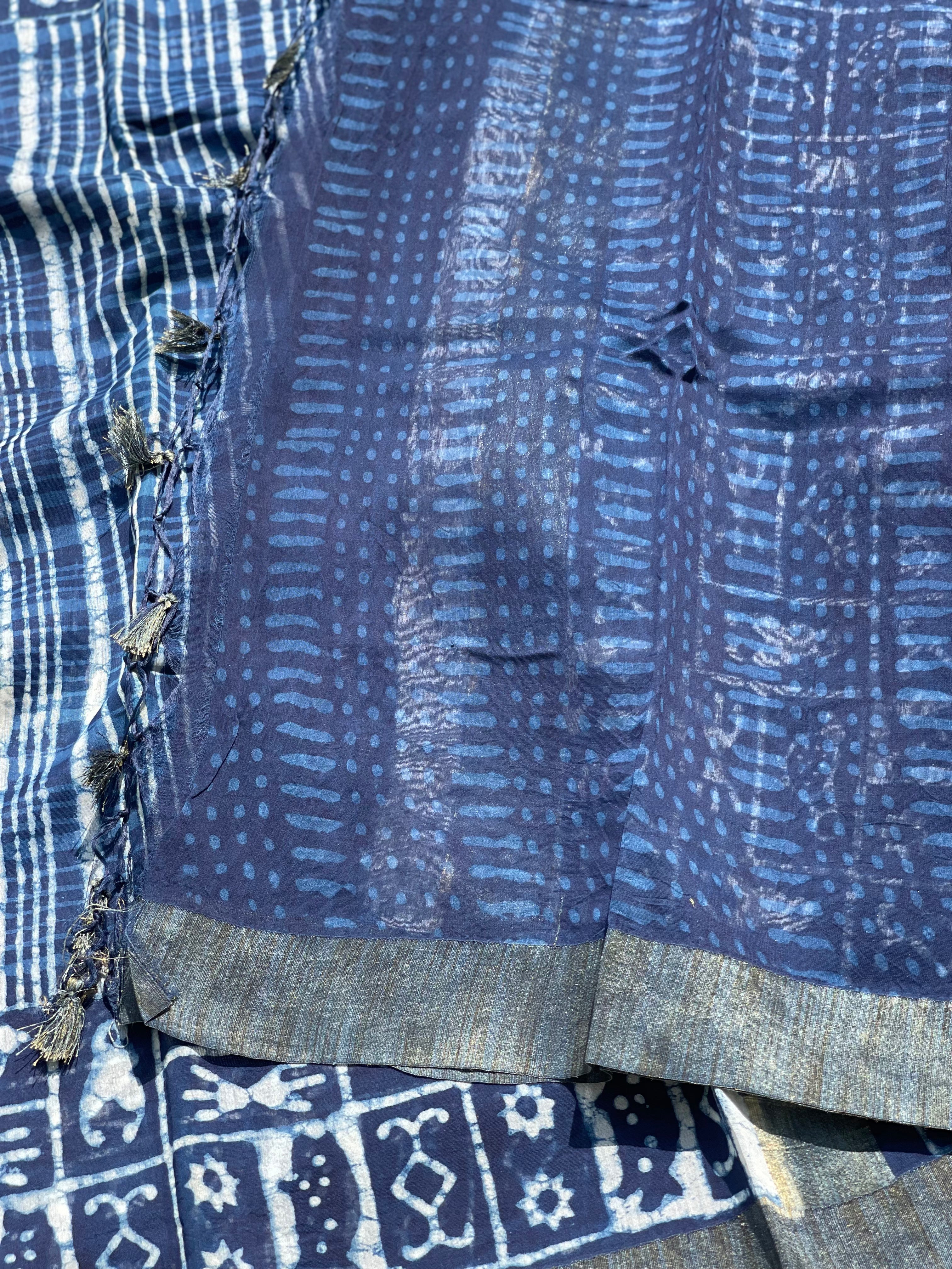 Indigo Chanderi Silk cotton hand block printed saree with ghicha border