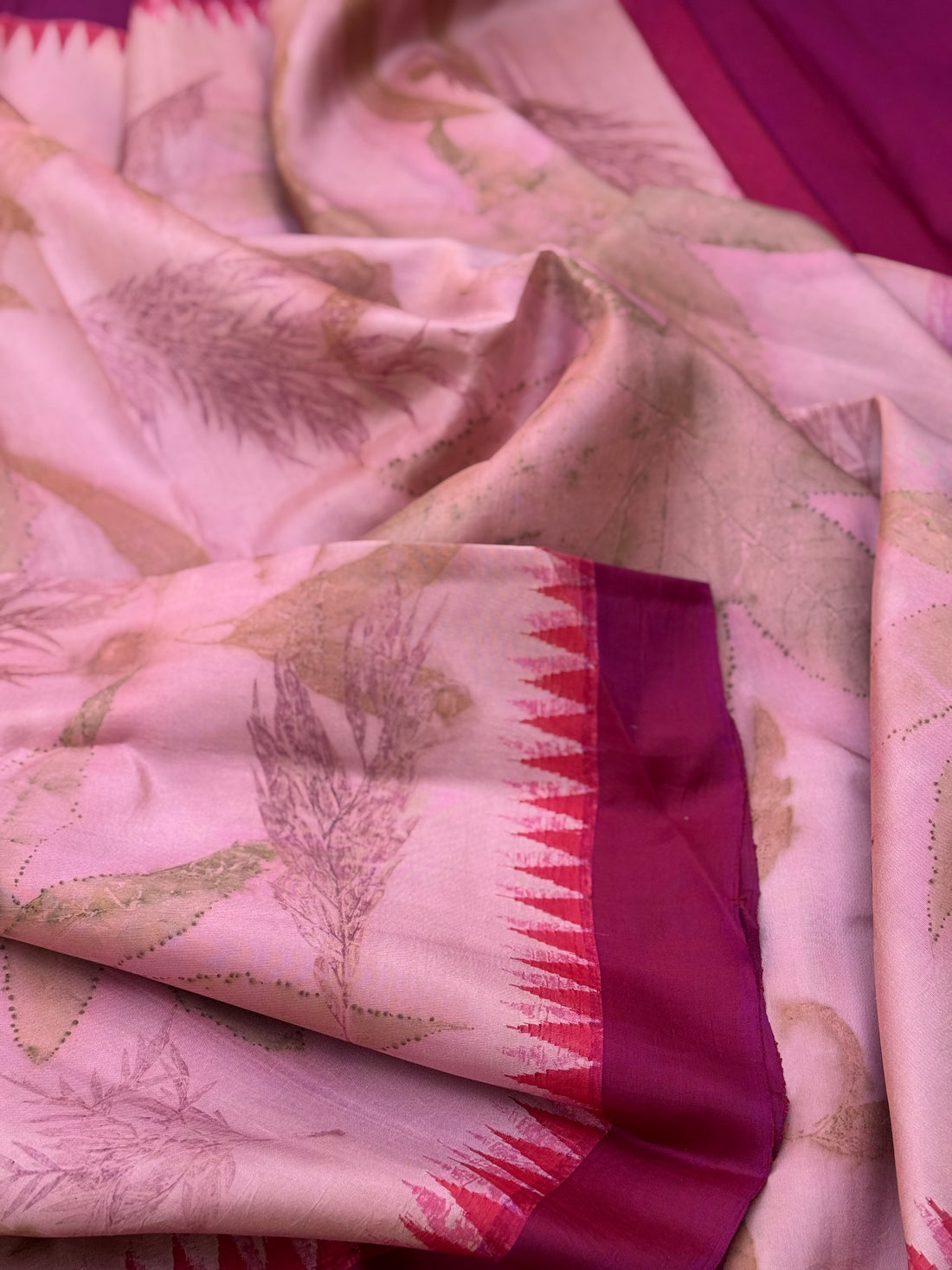 A gorgeous natural ecoprints pink on pink kuttu gadwal silk saree