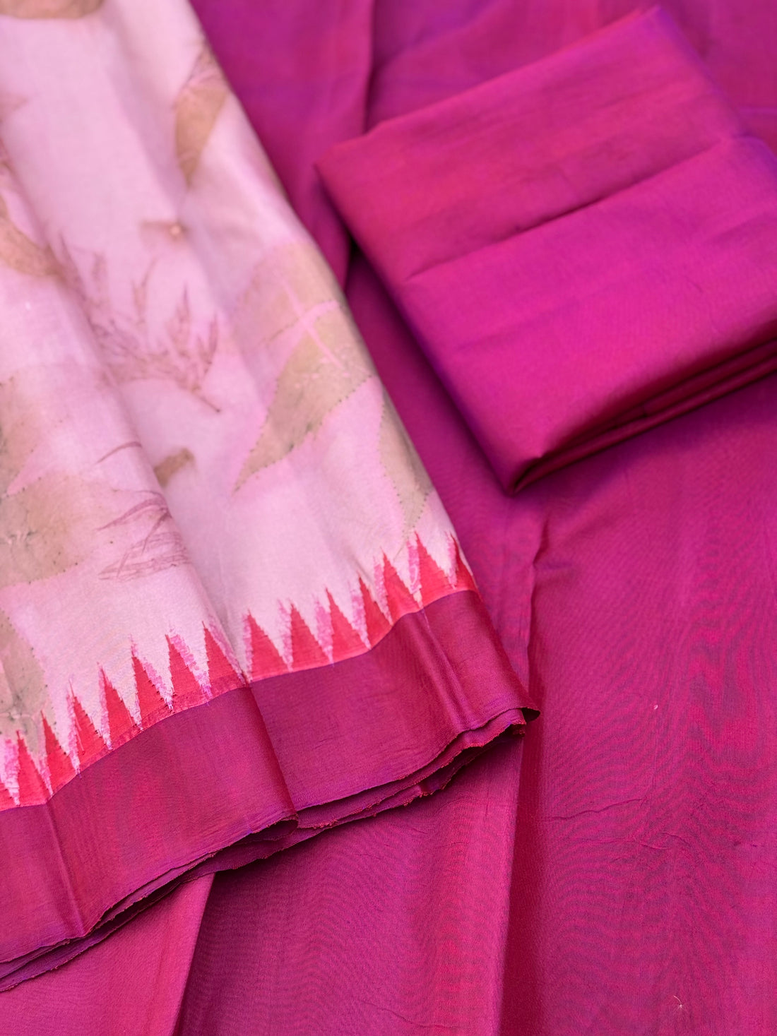 A gorgeous natural ecoprints pink on pink kuttu gadwal silk saree