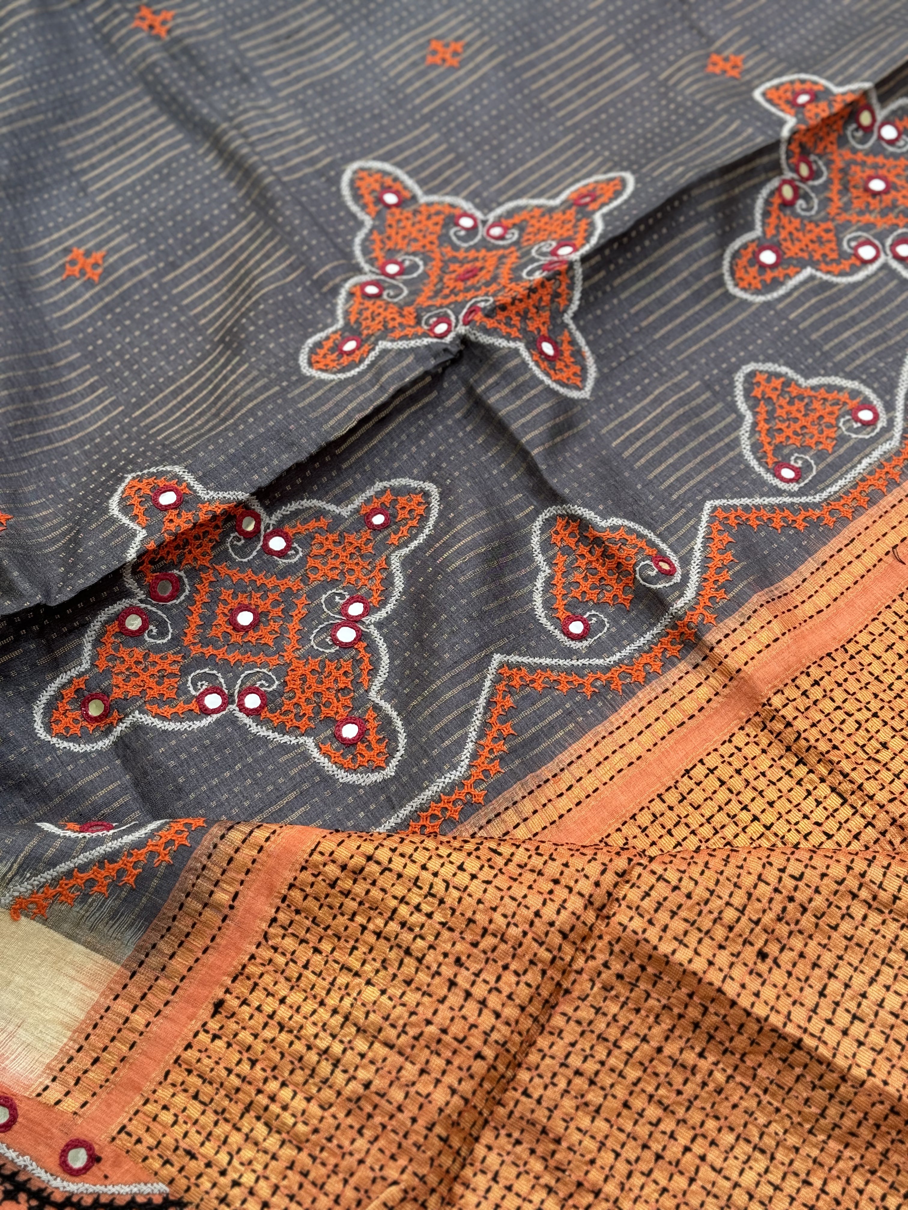 Exclusive Tussar Silk saree with Zari Laden with hand embroidered Kutch Mirrorwork Saree
