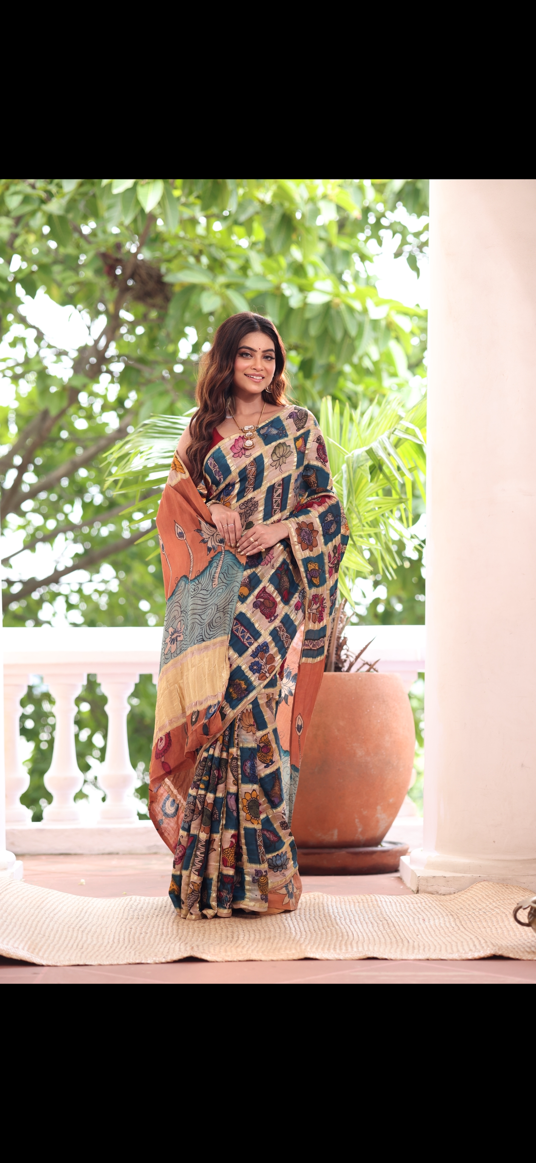 The exquisite Gharchola gajji silk pure handwoven adorned with flora fauna Handdrawn handpainted penkalamkari