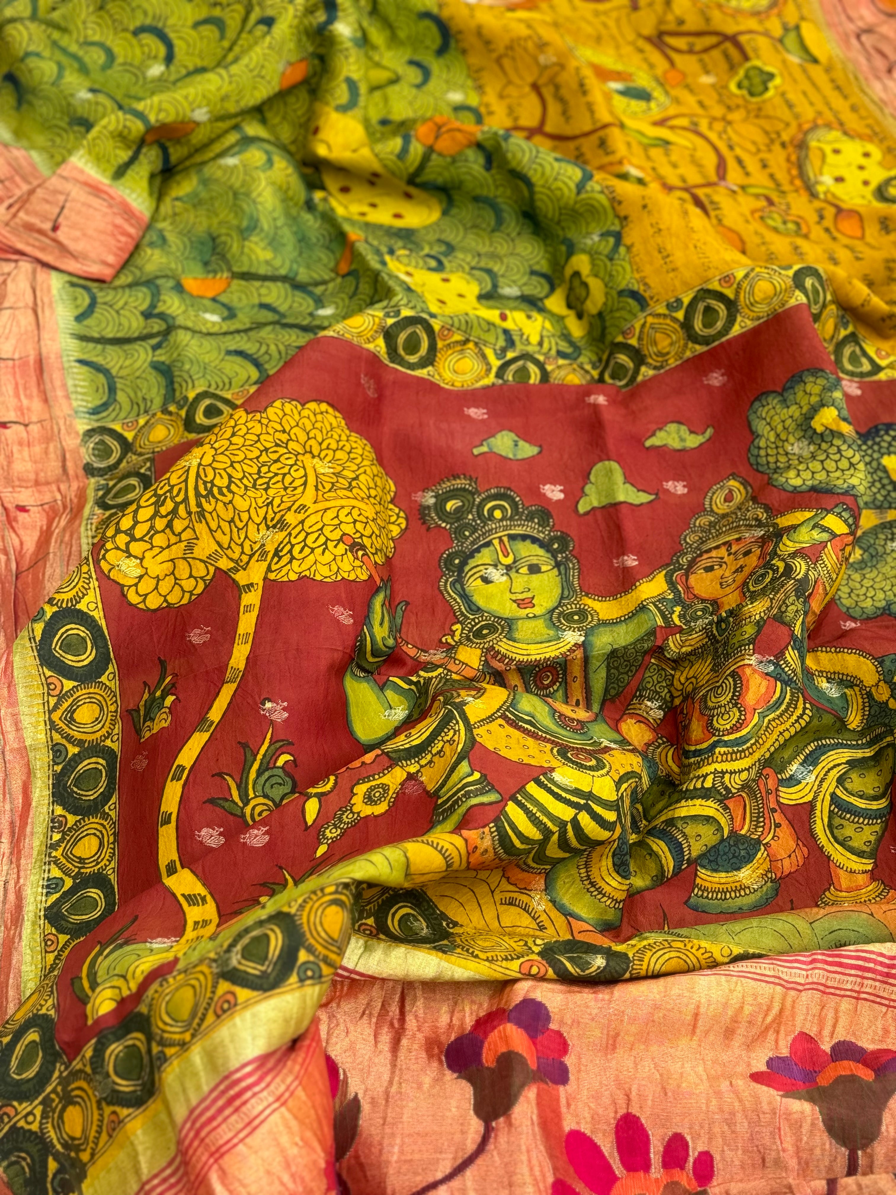 EXCLUSIVE HandDrawn And HandPainted Penkalamkari In pastel olive green Paithani Silk Saree