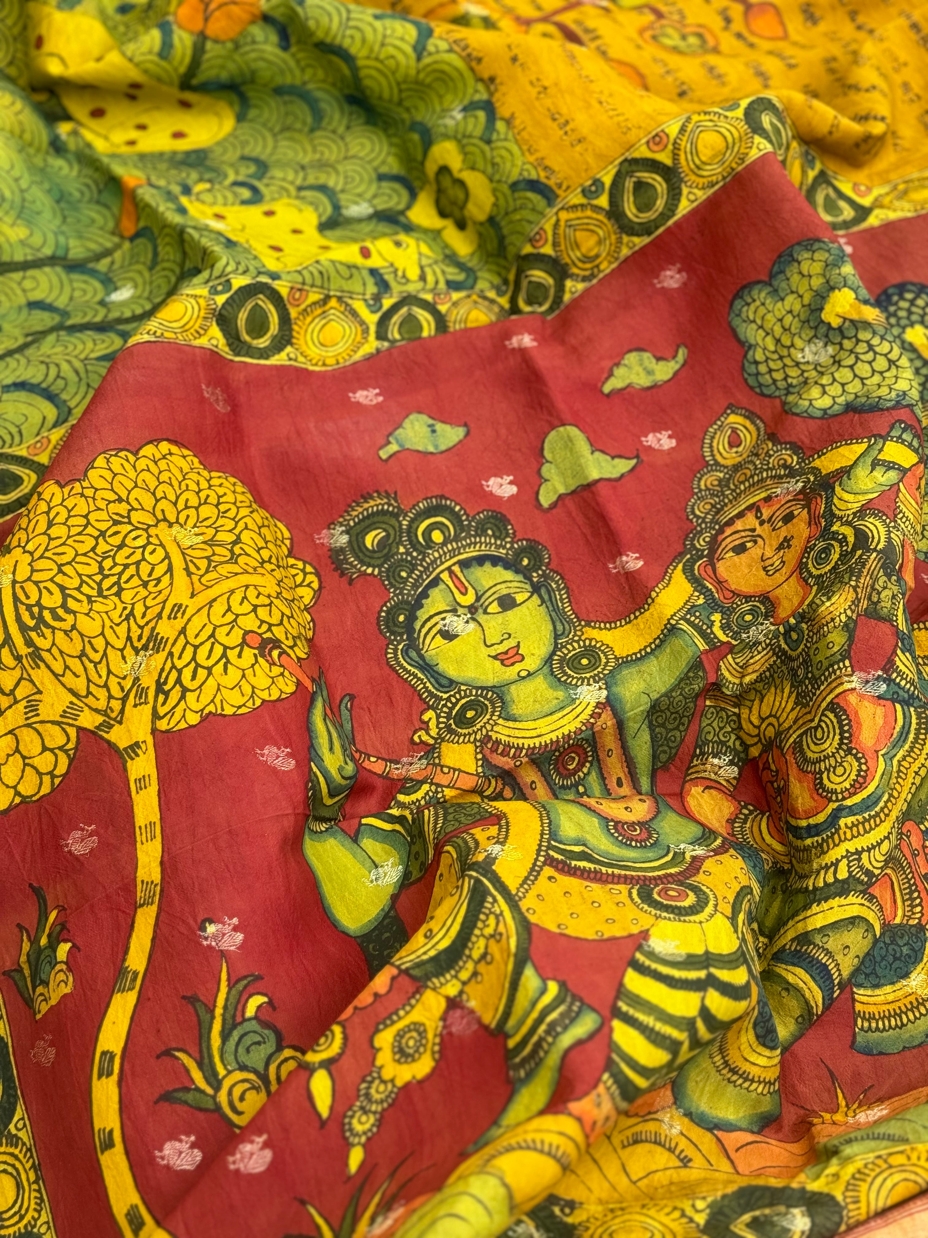 EXCLUSIVE HandDrawn And HandPainted Penkalamkari In pastel olive green Paithani Silk Saree