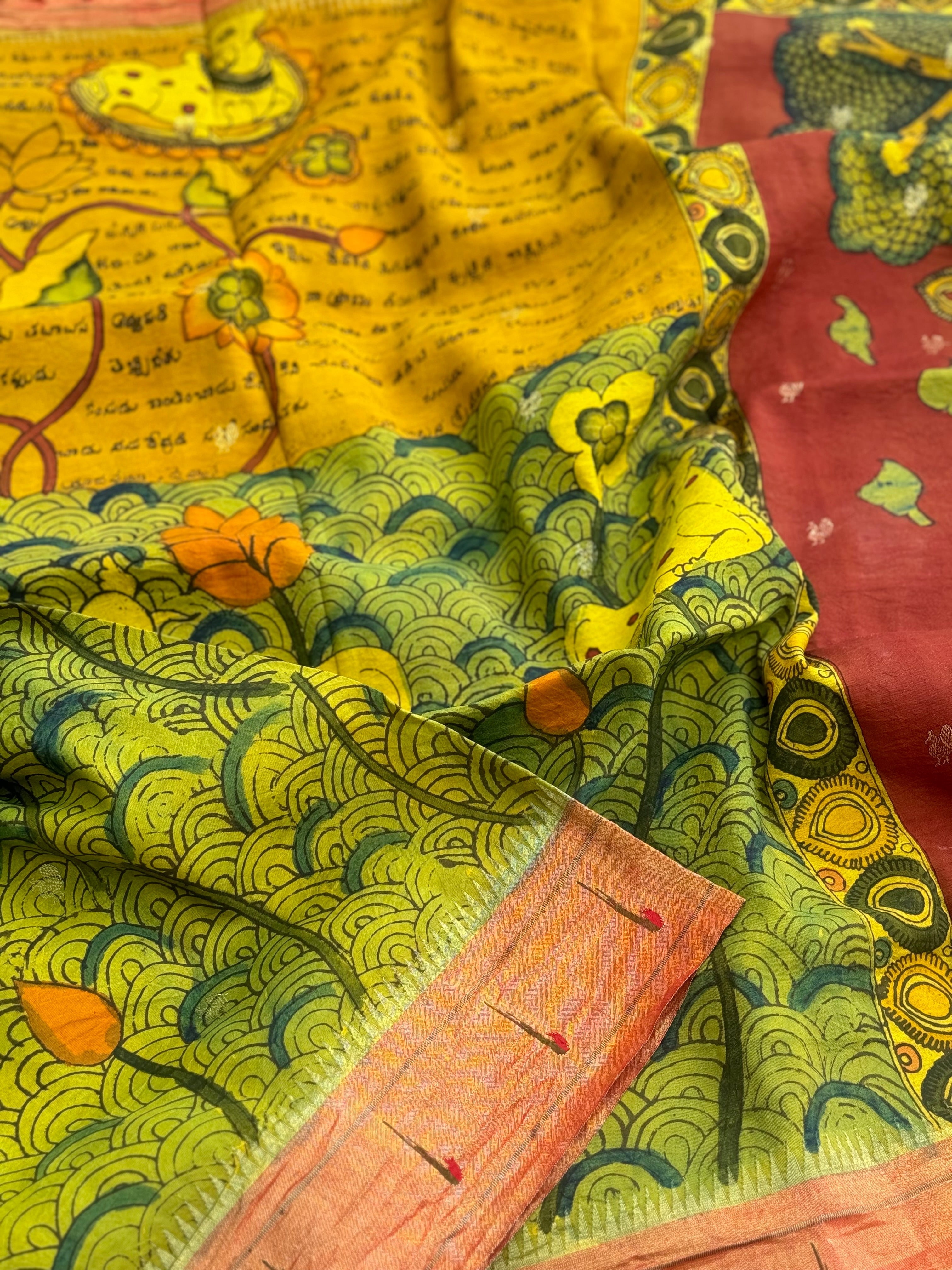 EXCLUSIVE HandDrawn And HandPainted Penkalamkari In pastel olive green Paithani Silk Saree