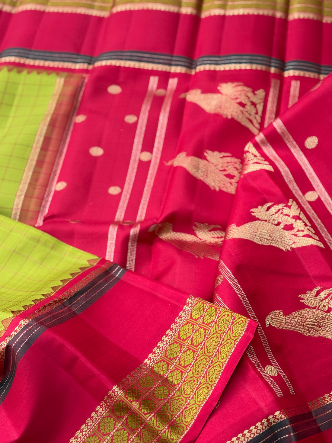 Aesthetic vintage revival kutrala kuravanji Kanchivaram silk saree in sampanga green with red