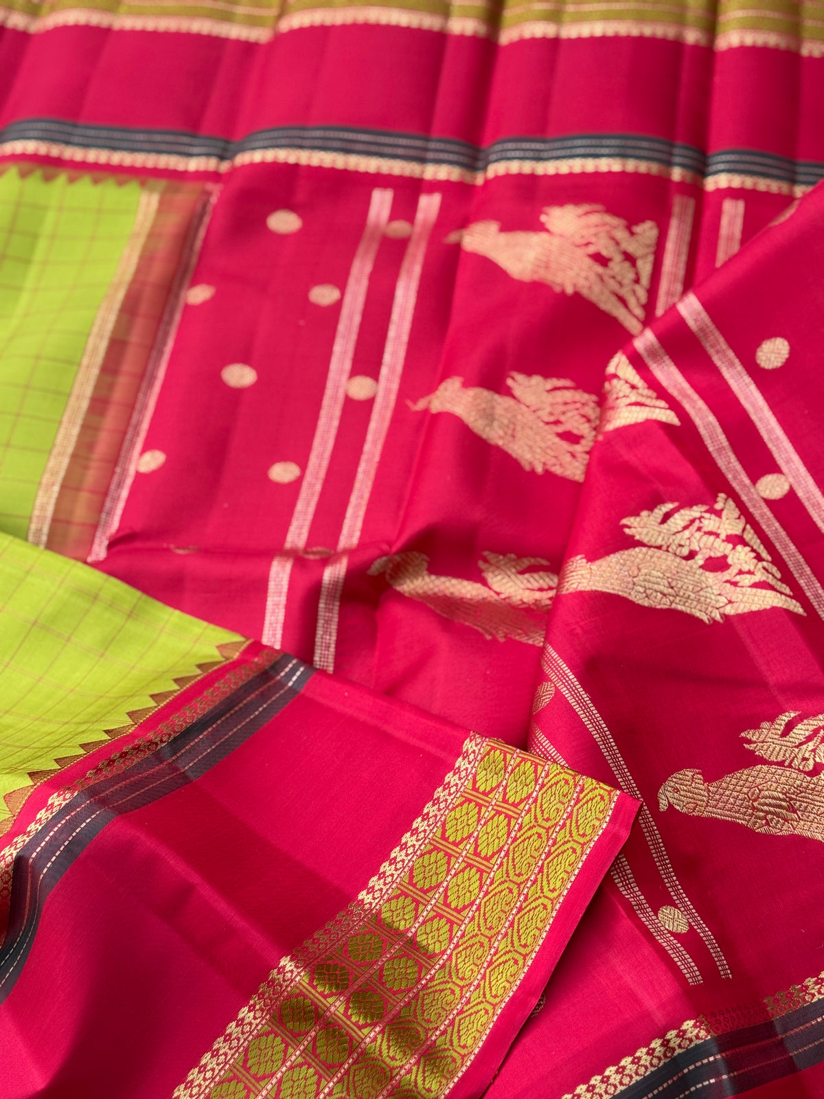 Aesthetic vintage revival kutrala kuravanji Kanchivaram silk saree in sampanga green with red