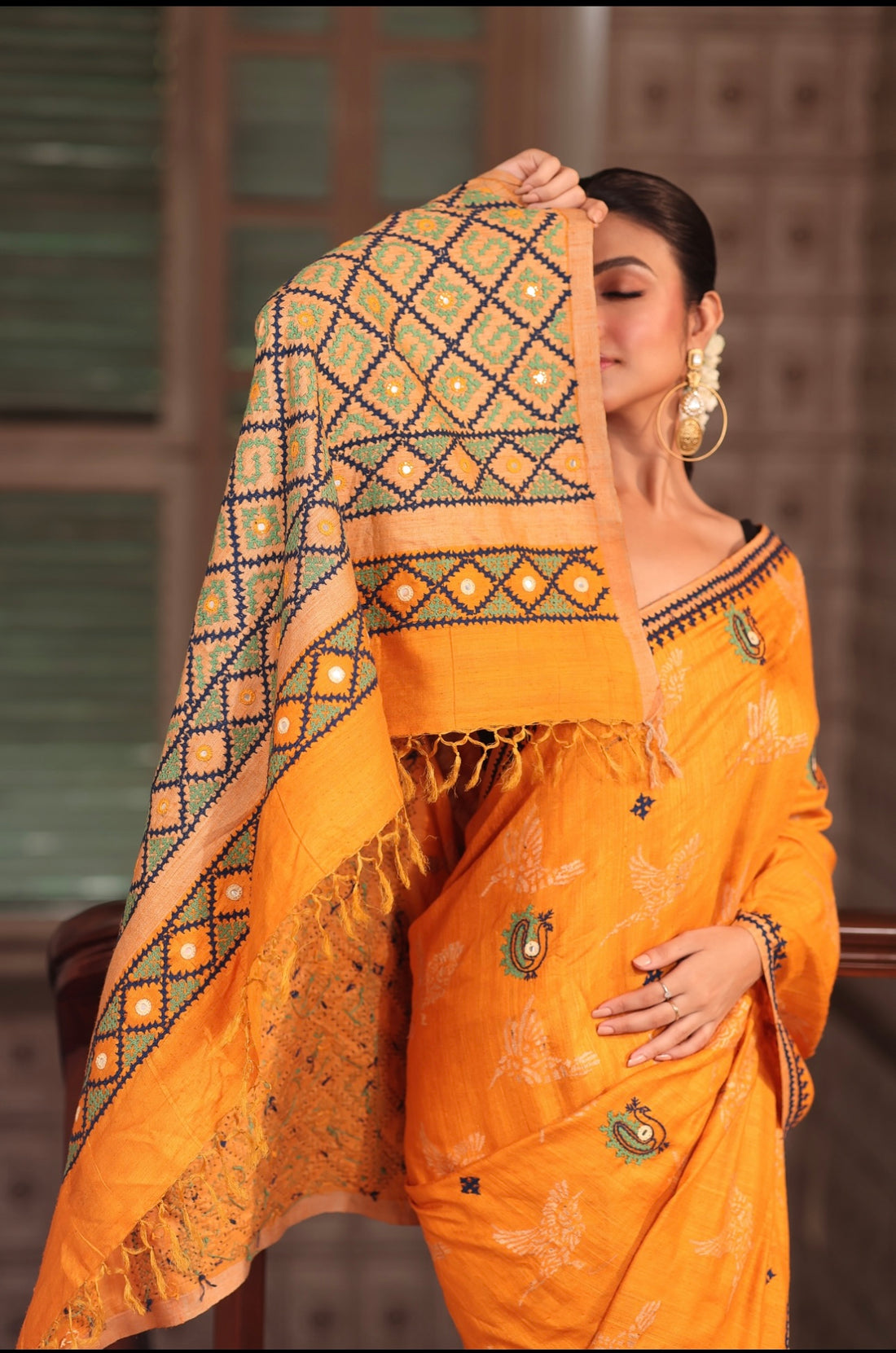 Handwoven matka silk jaal weave with beautiful handmade kutch mirrorwork