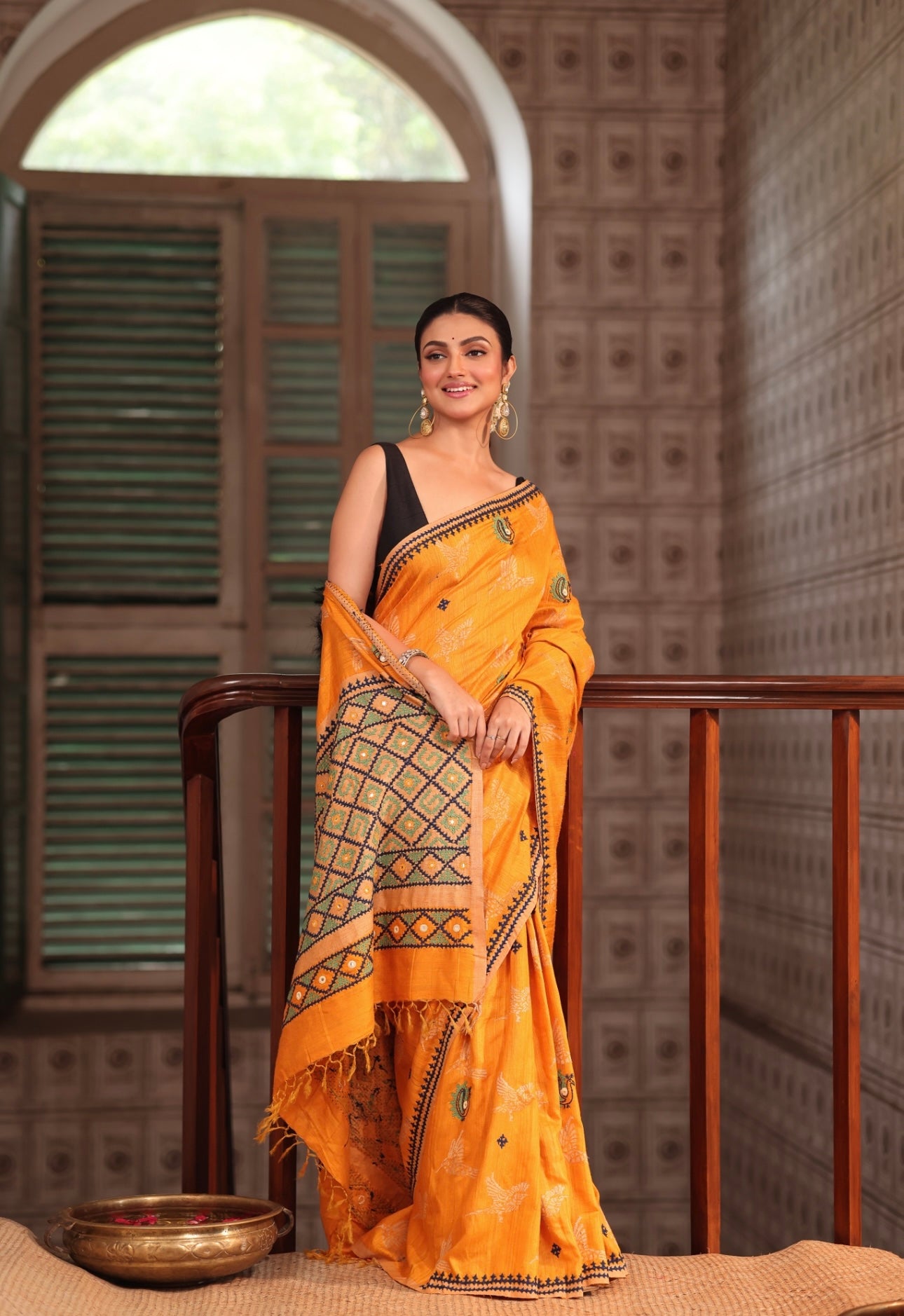Handwoven matka silk jaal weave with beautiful handmade kutch mirrorwork