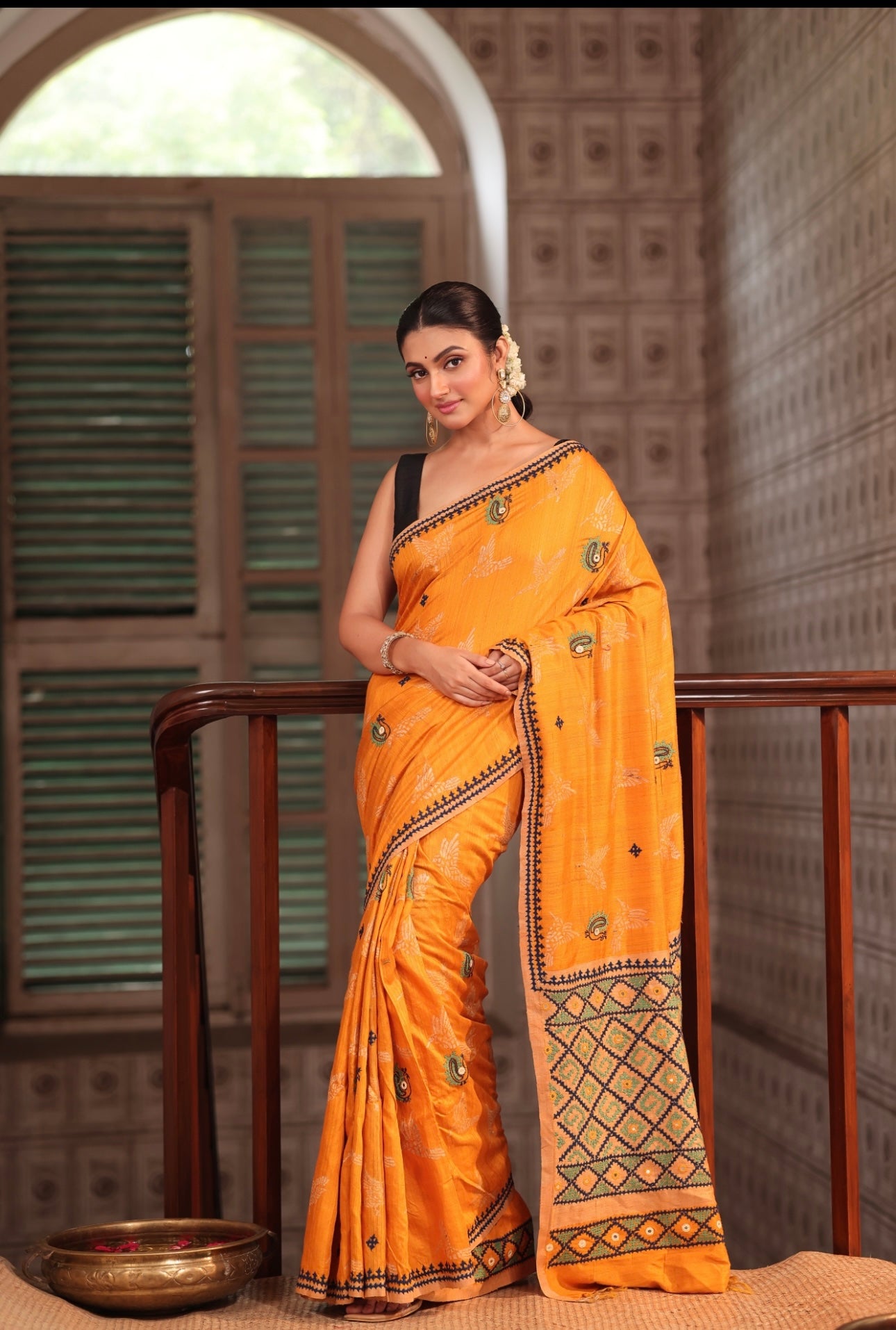 Handwoven matka silk jaal weave with beautiful handmade kutch mirrorwork