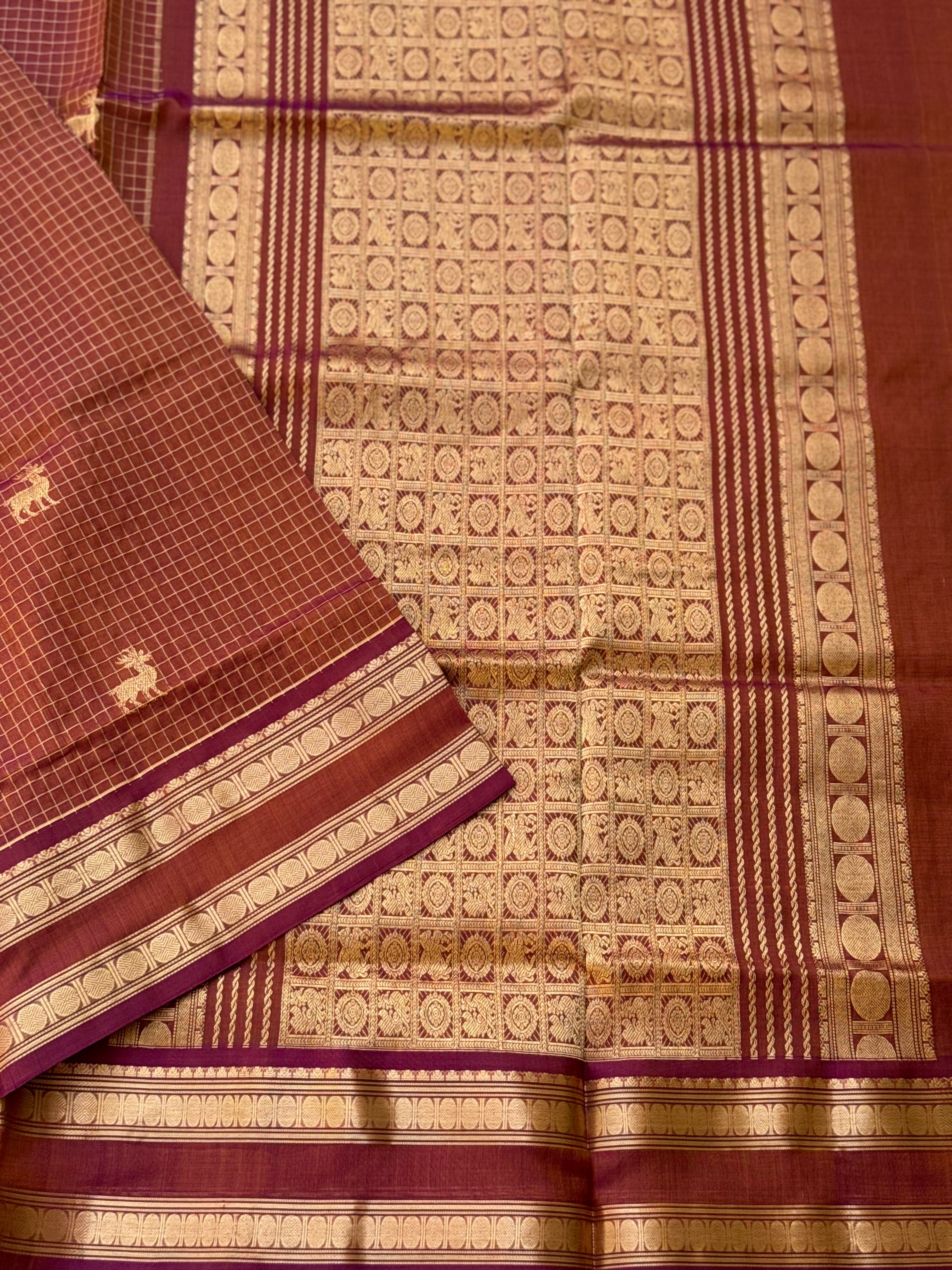 A gorgeous rust brown shade handwoven zari stripes kanchi silk cotton saree