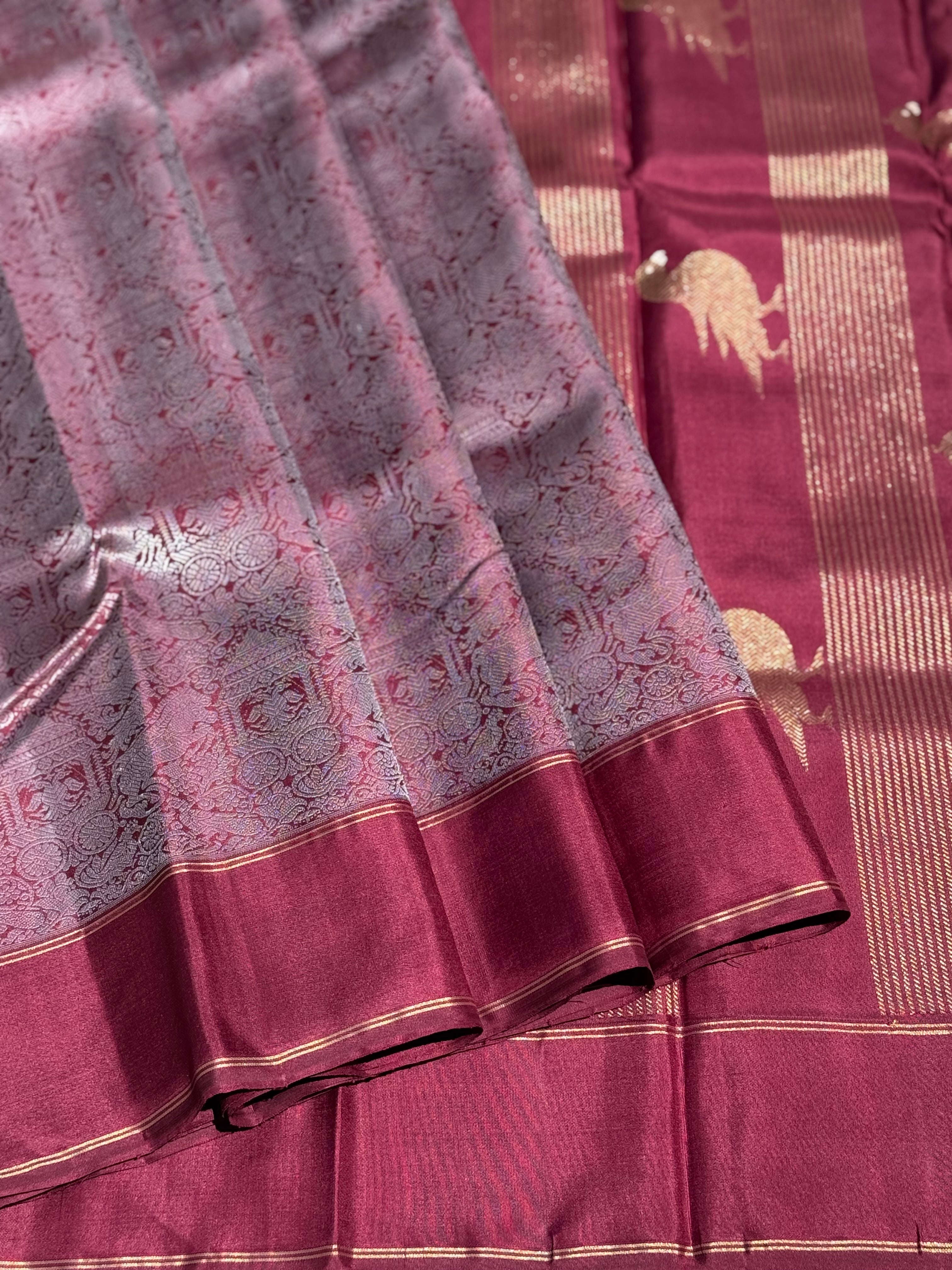 A stunner Masterpiece Garudaseva Adai kanchivaram woven silk saree in plum purple