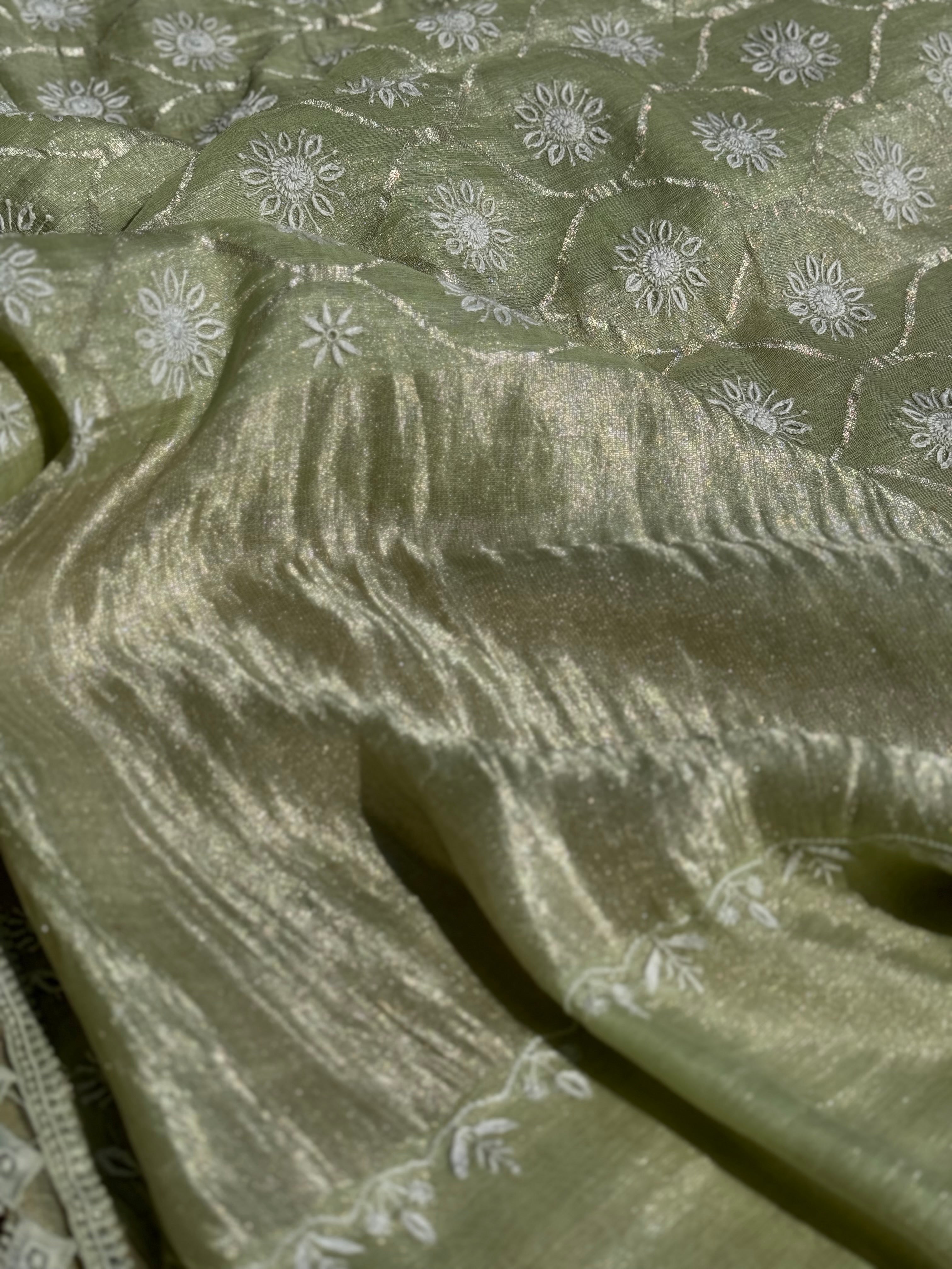 A stunner exclusive designer collective Matcha green all over Chikankari work on handwoven tissue silk