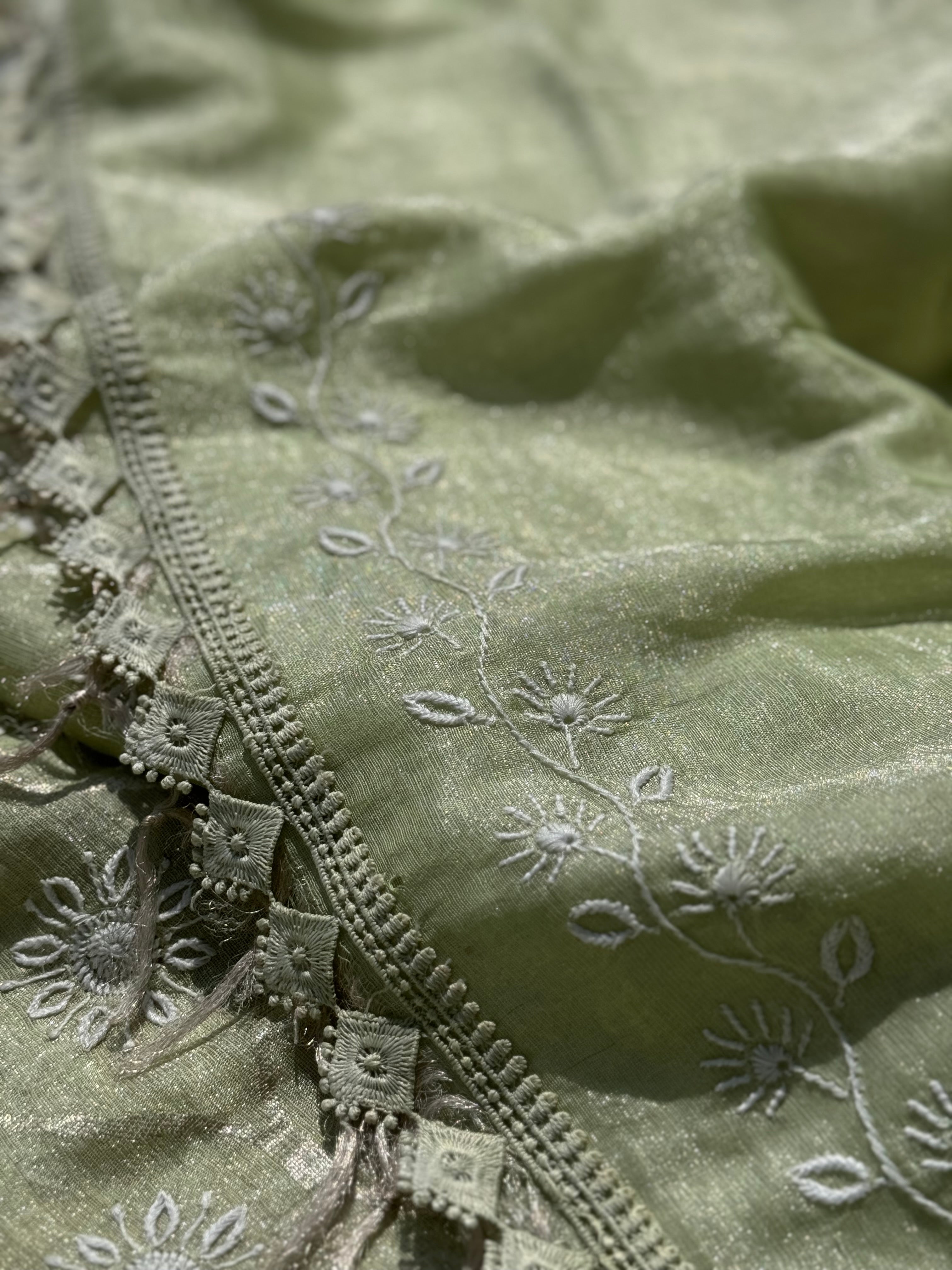 A stunner exclusive designer collective Matcha green all over Chikankari work on handwoven tissue silk