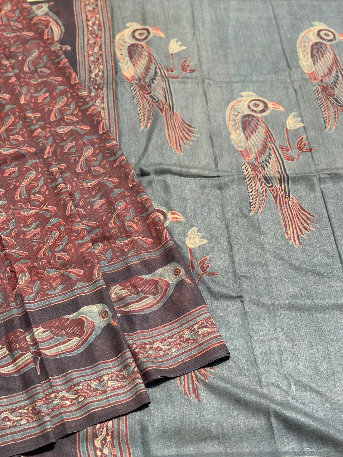 Natural Dyed Ajrakh Double Resist birds Block printed moinga tussar Silk Saree