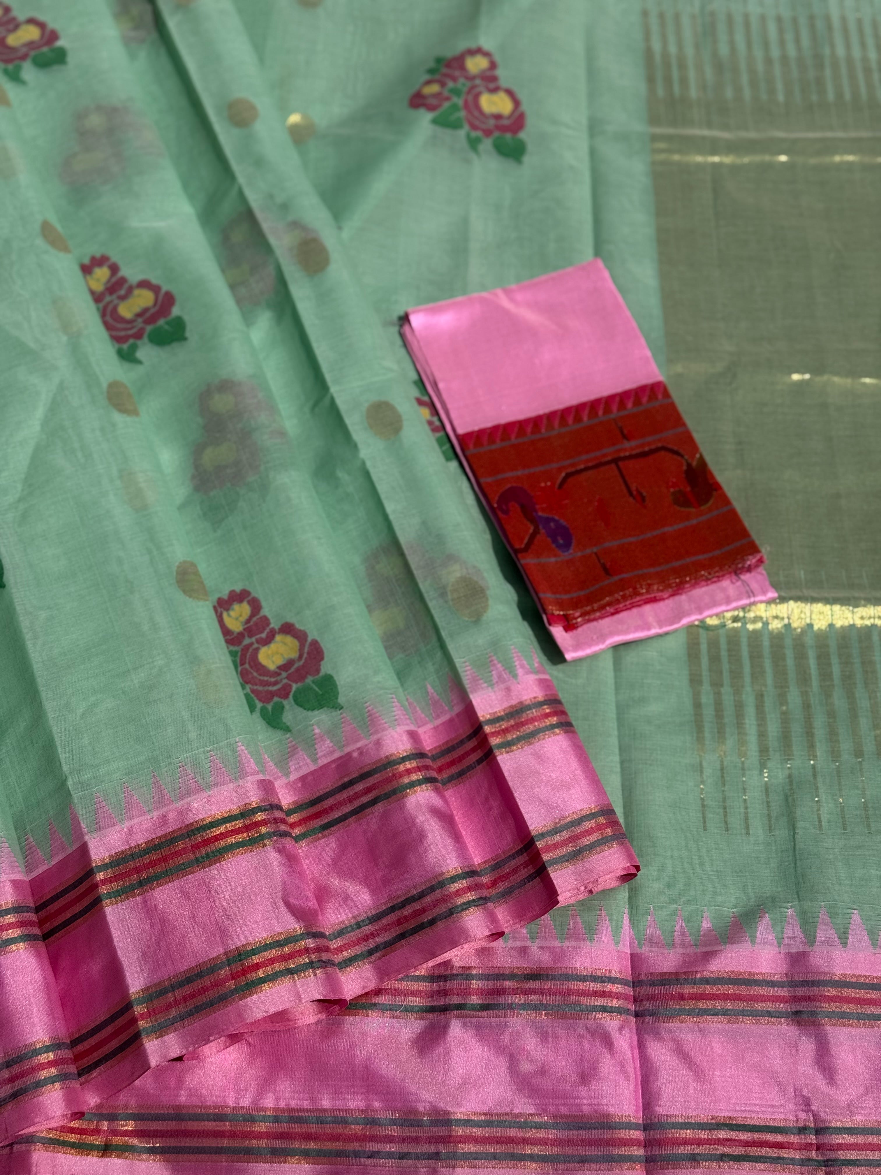 Pastel green with peony pink bouquet of flowers jamdani motifs ponduru Khadhi jamdani saree