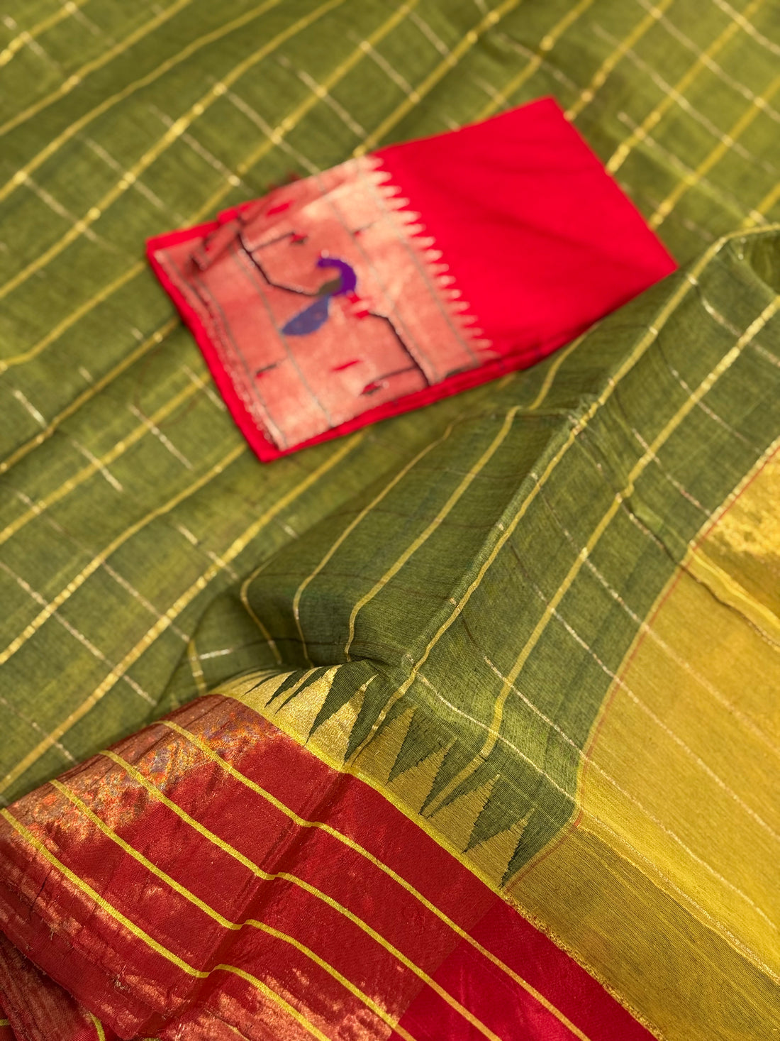 Handspun Ponduru Khadhi cotton saree with zari checks on body with tissue Zari temple border