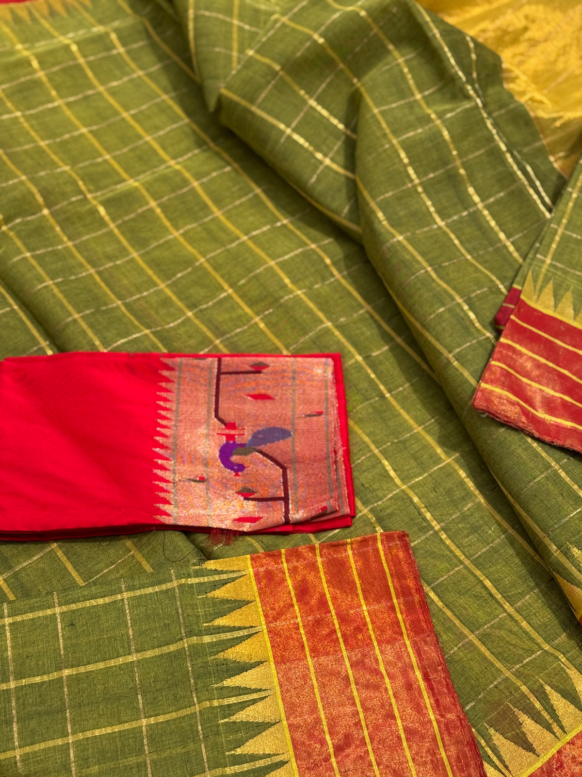 Handspun Ponduru Khadhi cotton saree with zari checks on body with tissue Zari temple border