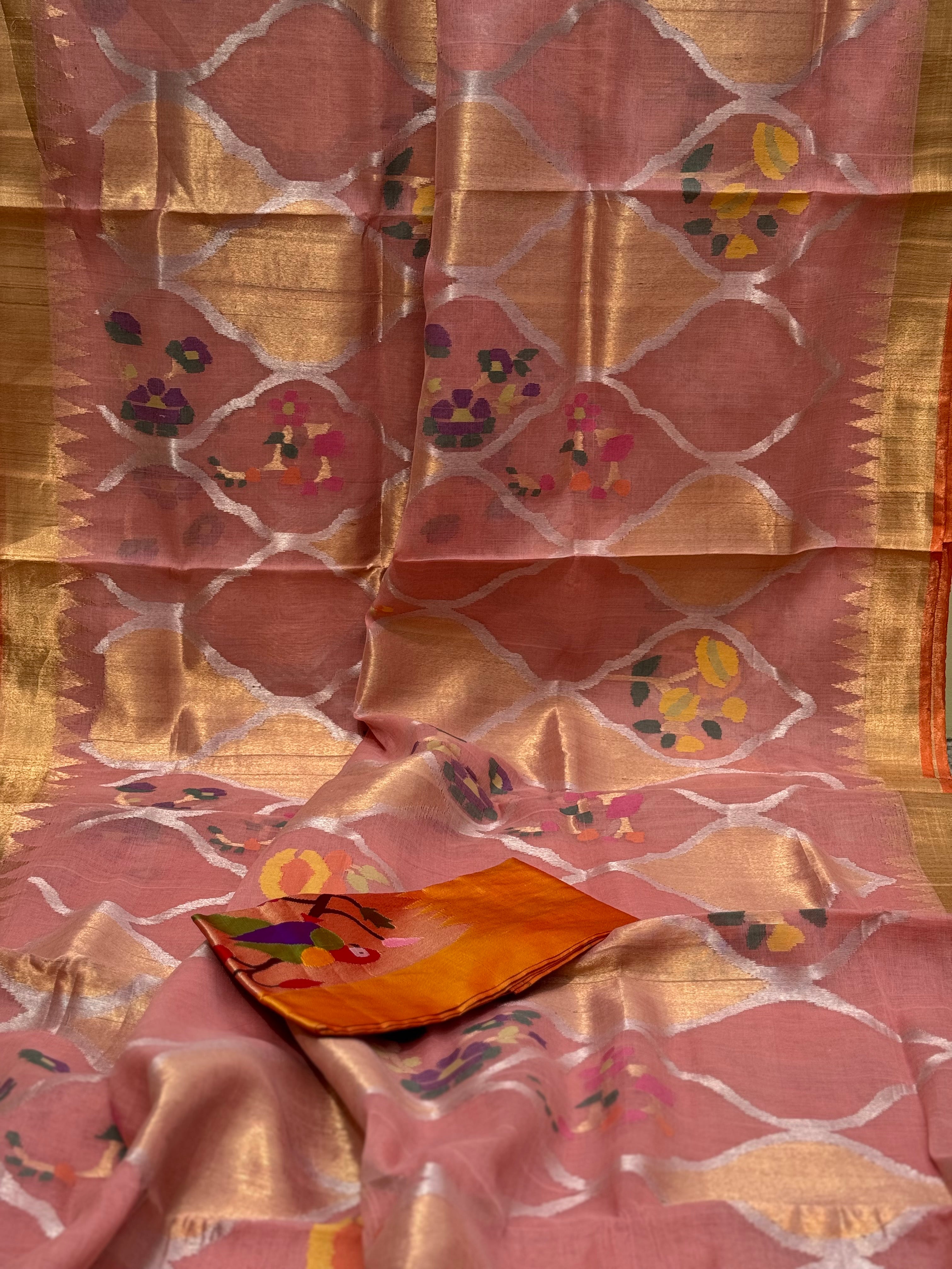 Pastel orange Full jaal weave ponduru Khadhi jamdani saree