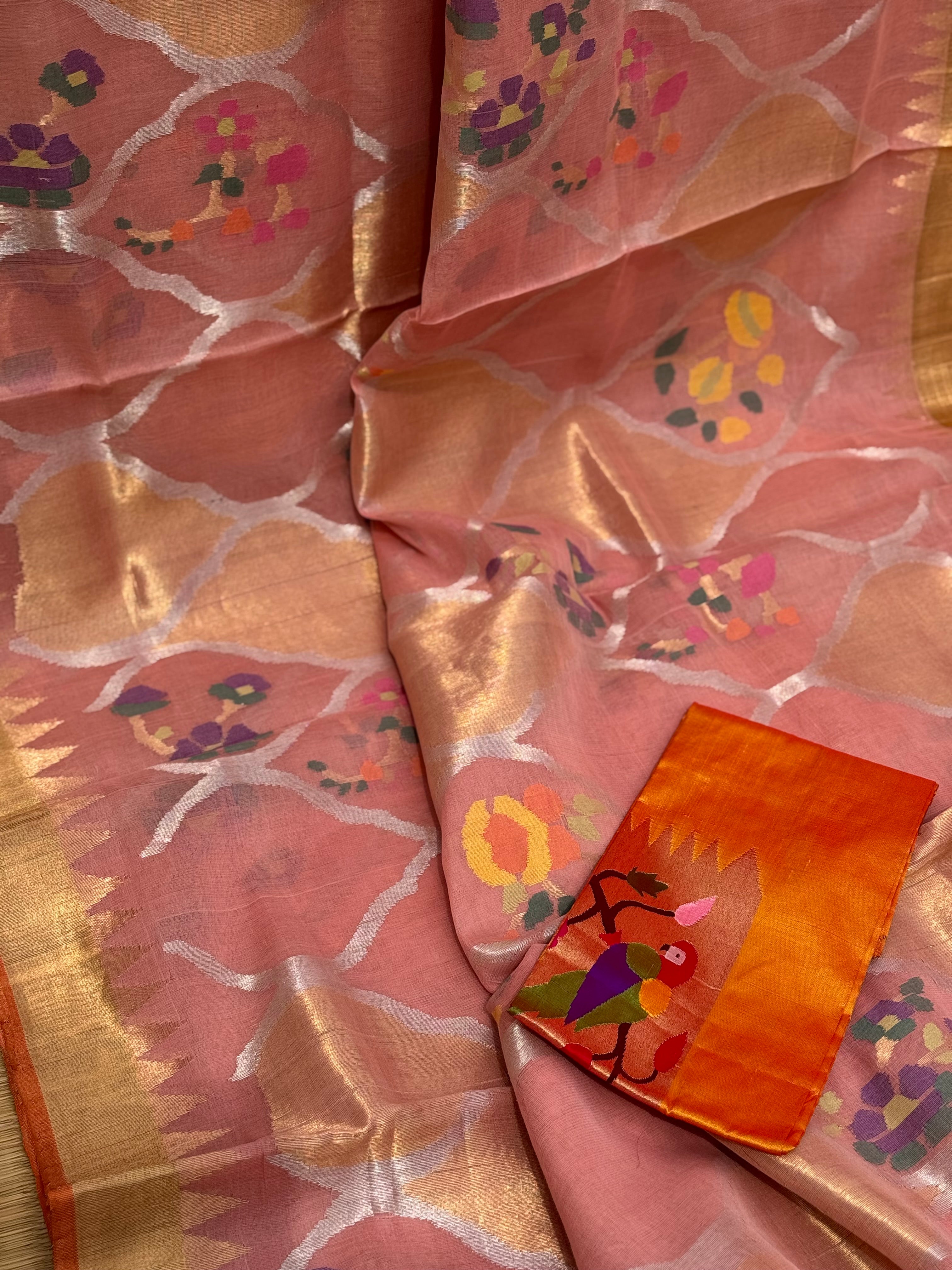 Pastel orange Full jaal weave ponduru Khadhi jamdani saree