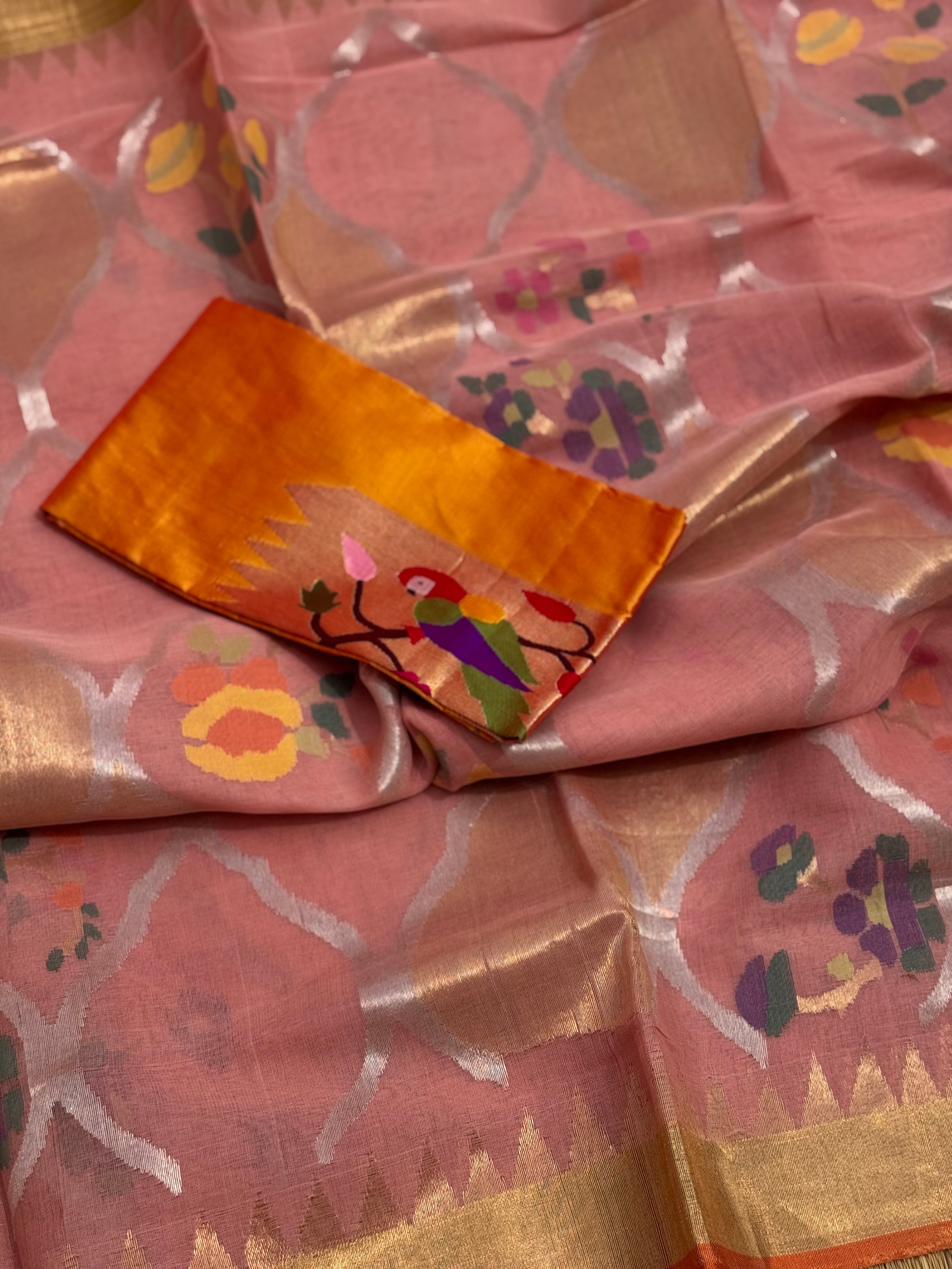 Pastel orange Full jaal weave ponduru Khadhi jamdani saree