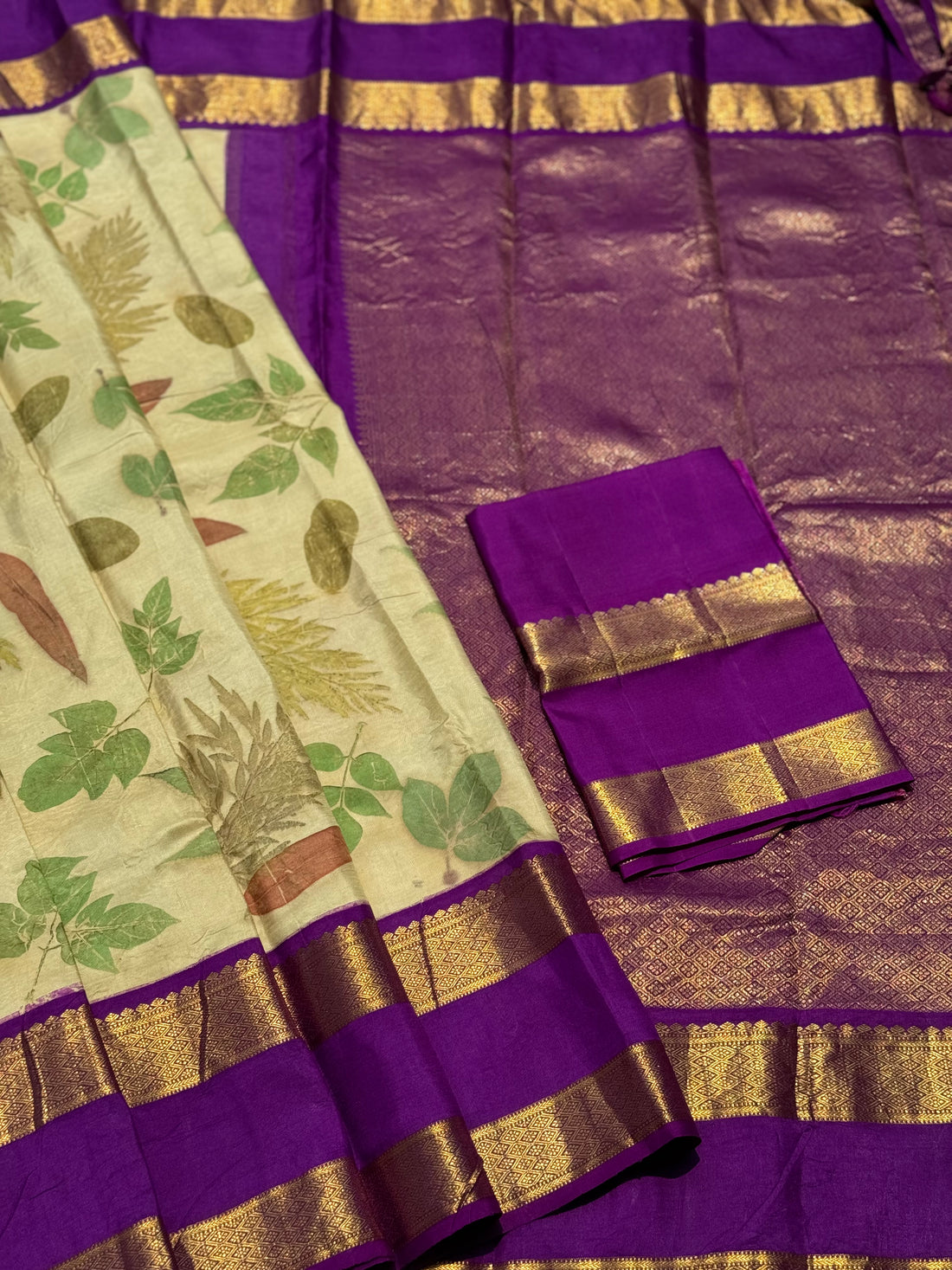 A pearl white with purple Natural Handmade Ecoprints kanchi korvai silk saree