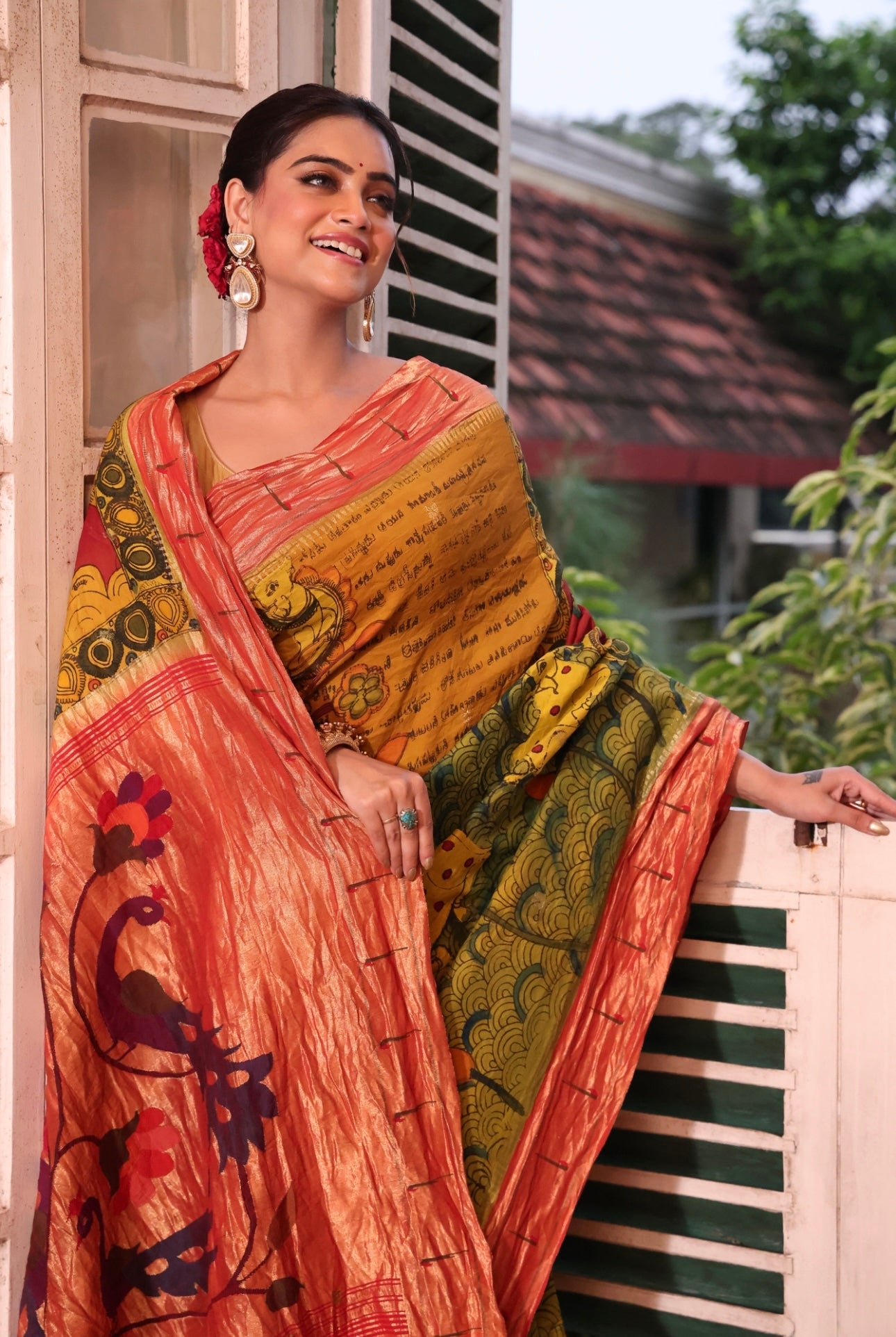 EXCLUSIVE HandDrawn And HandPainted Penkalamkari In pastel olive green Paithani Silk Saree