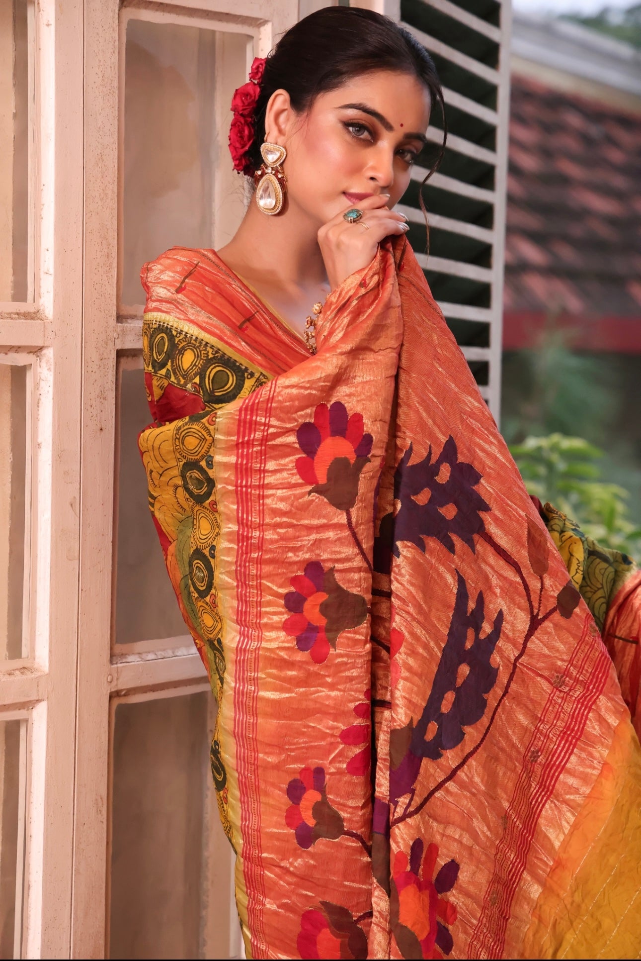 EXCLUSIVE HandDrawn And HandPainted Penkalamkari In pastel olive green Paithani Silk Saree