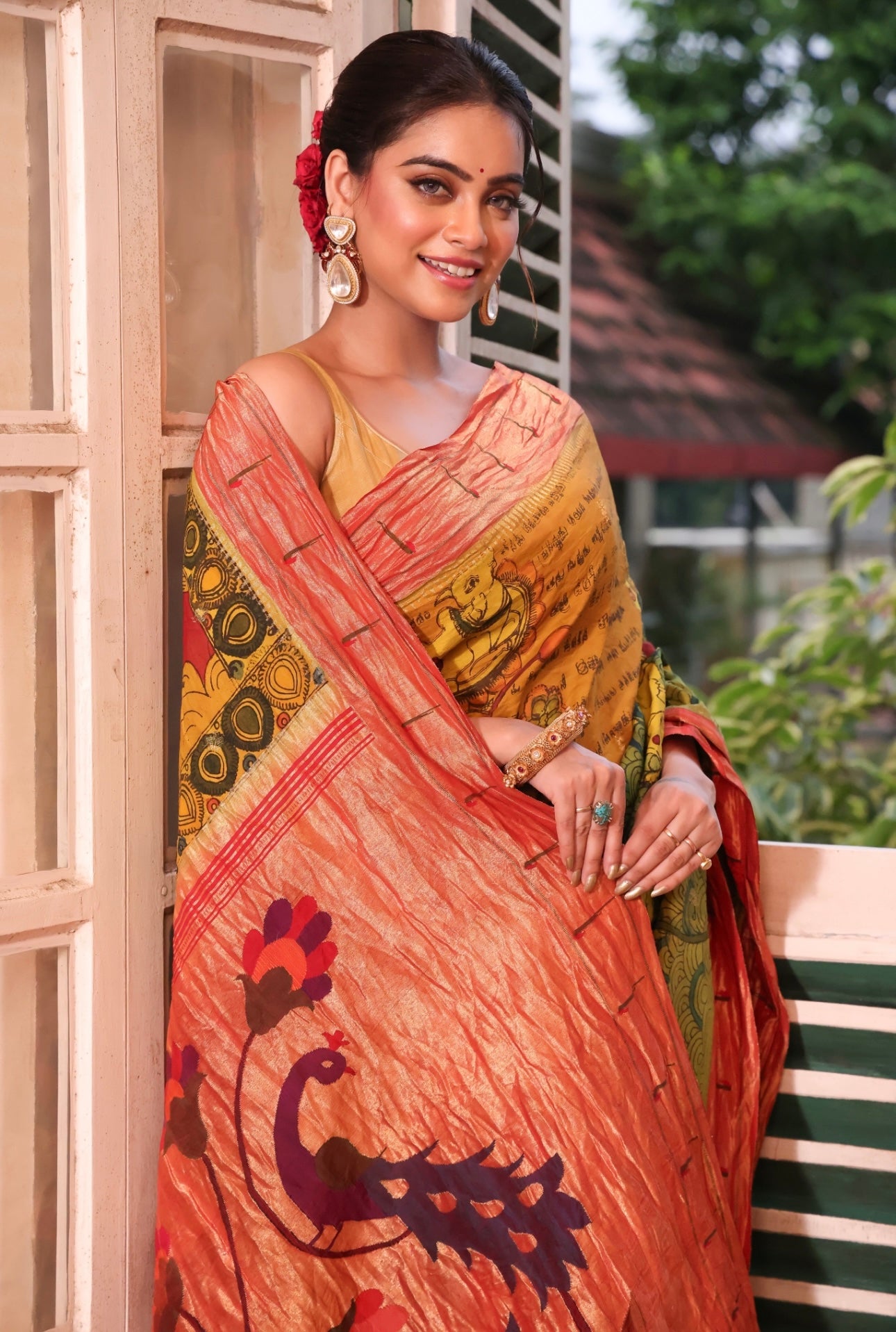 EXCLUSIVE HandDrawn And HandPainted Penkalamkari In pastel olive green Paithani Silk Saree