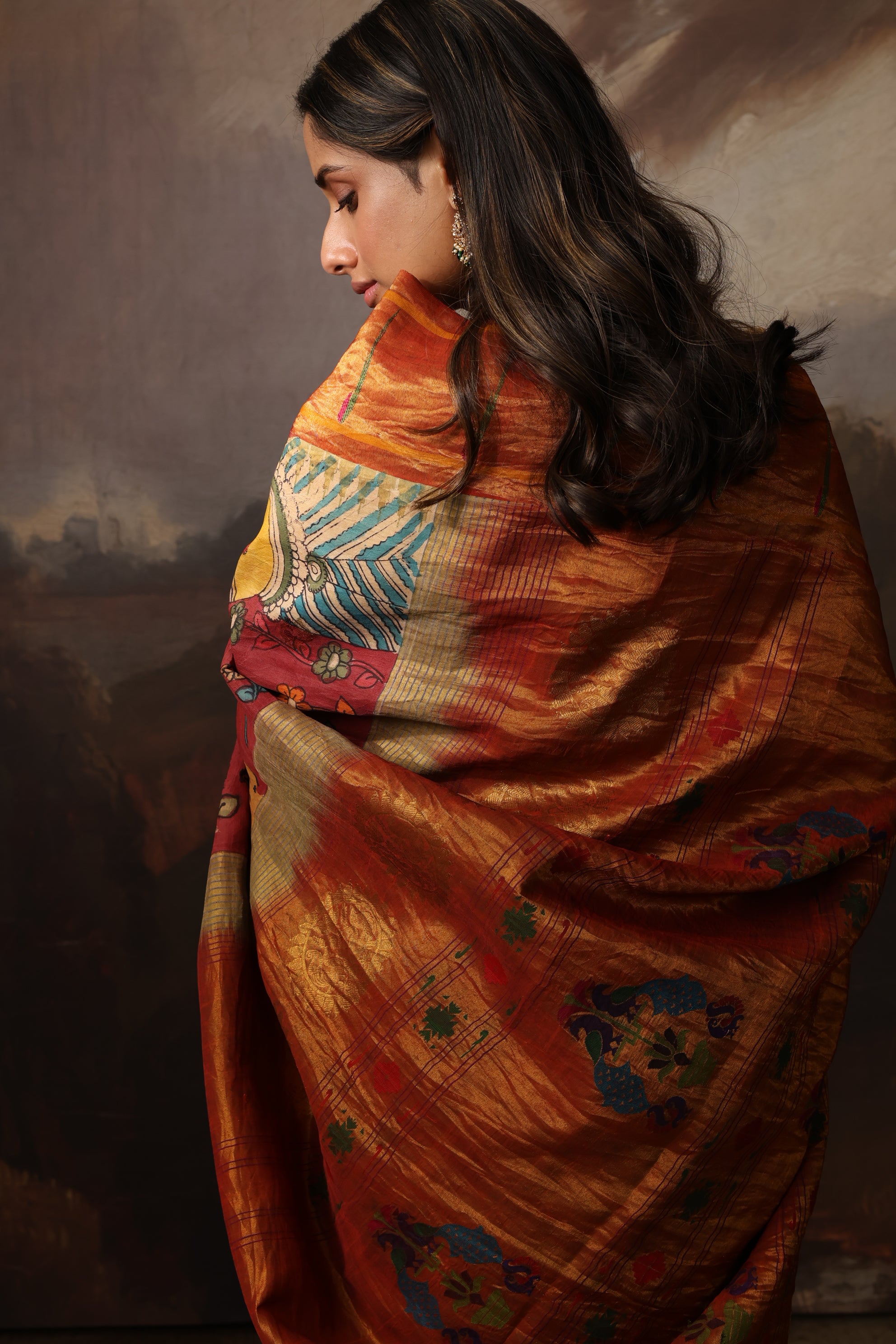 Masterpiece Single muniya paithani silk saree Handdrawn handpainted penkalamkari