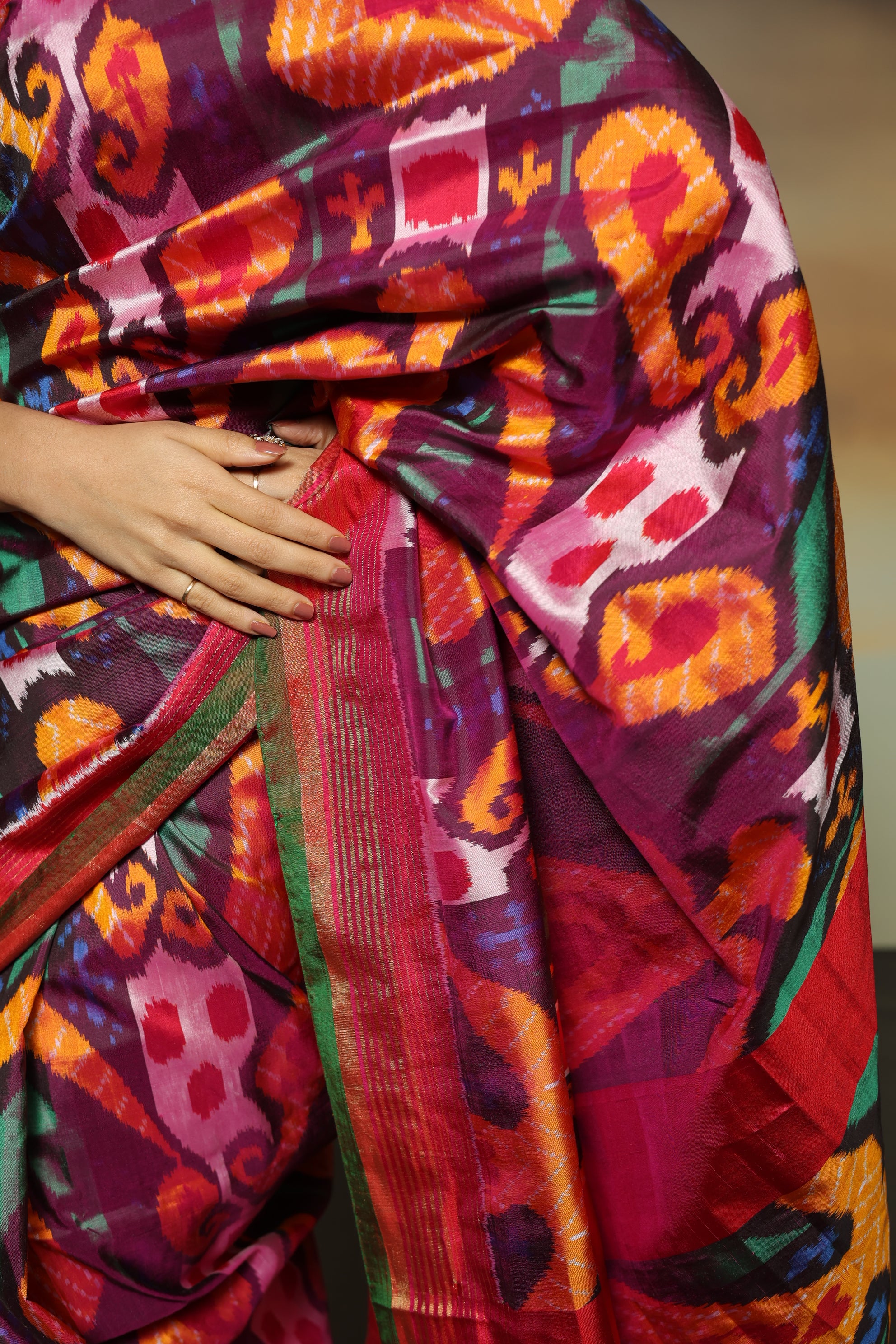 MAGIZHAM- The stupendous multicoloured ikkat in pure mulberry silk recreated from 19th century museum archive piece