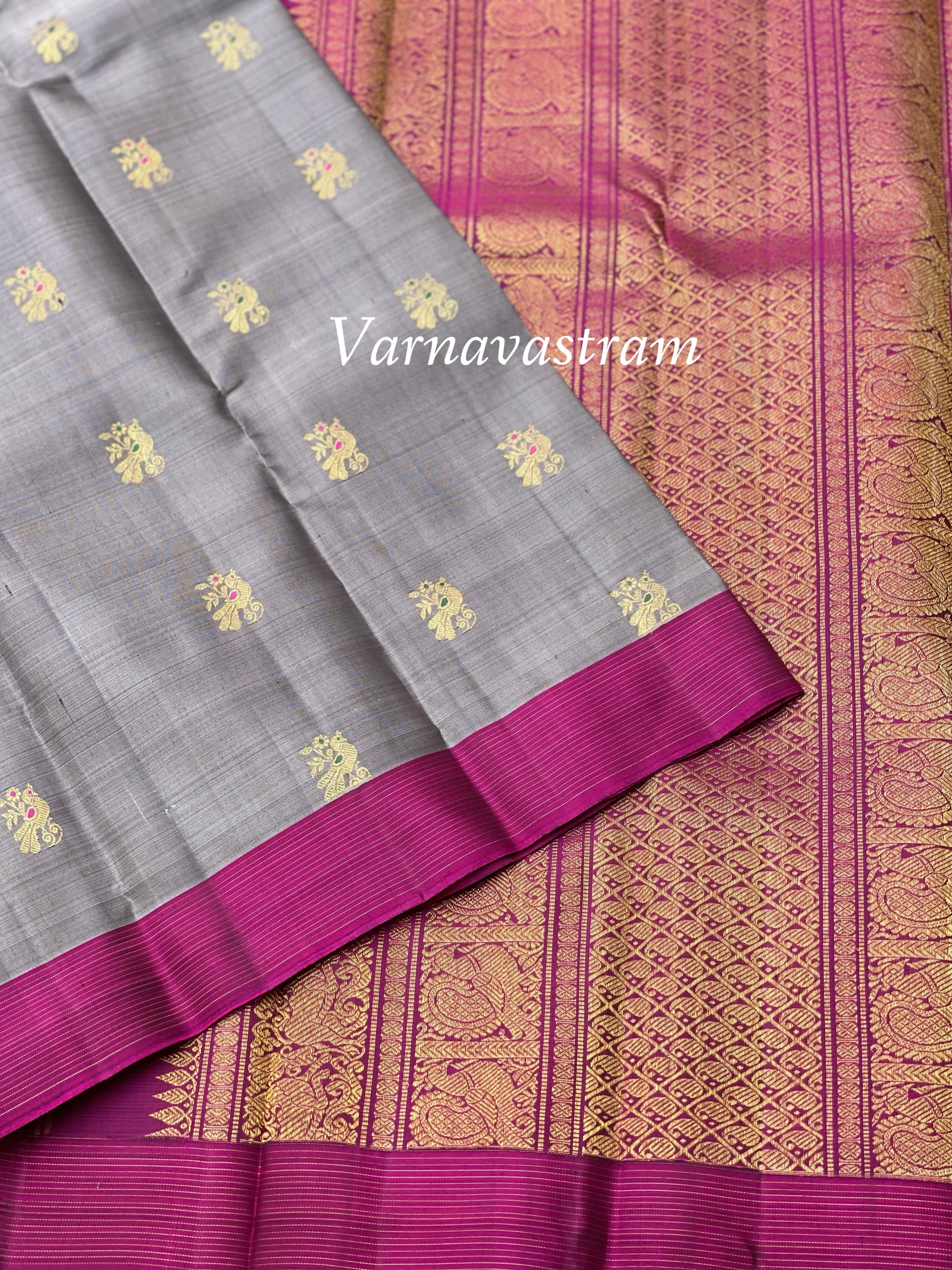 Metallic Grey meenakari Work Kanchivaram silk saree
