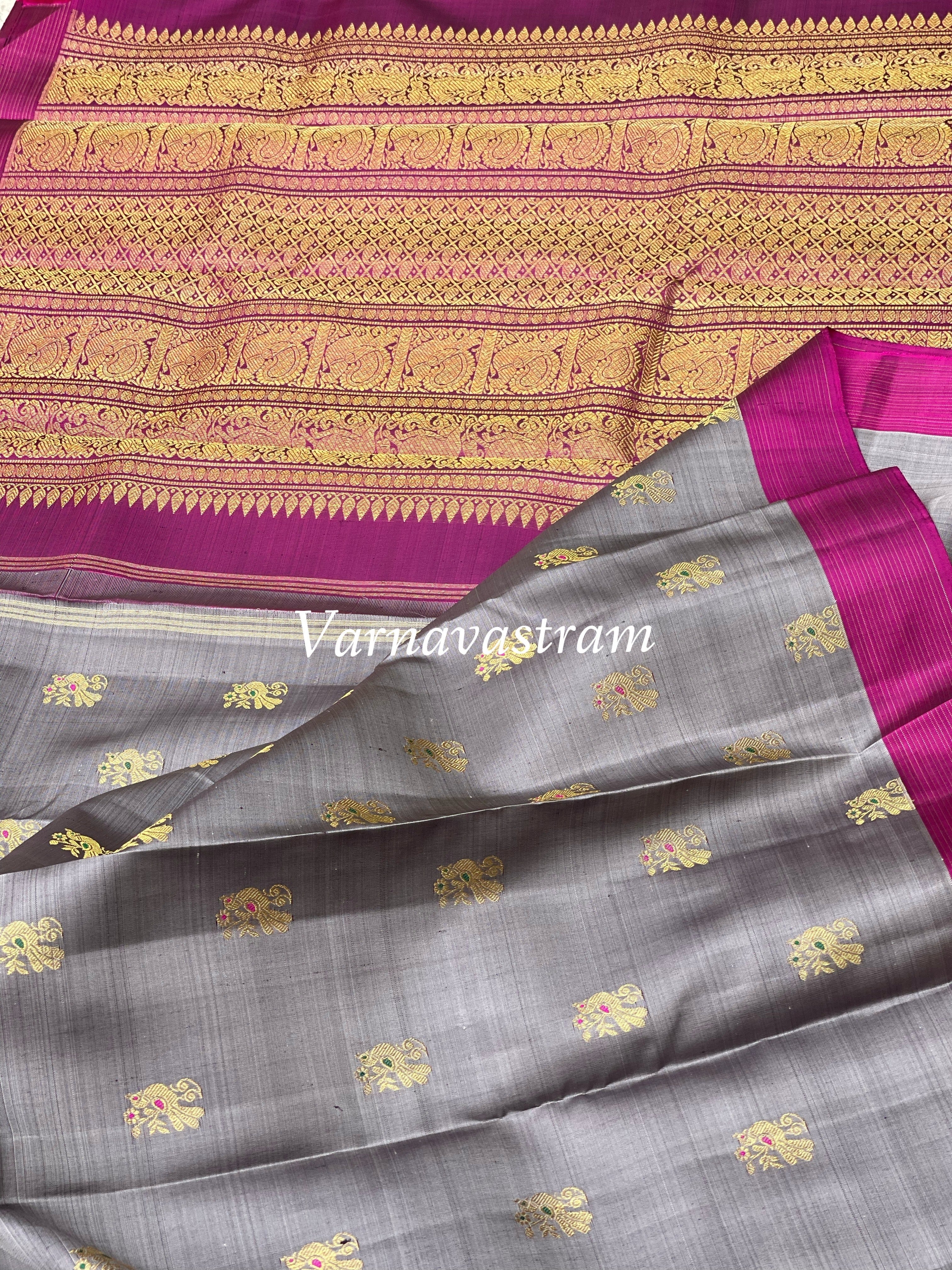 Metallic Grey meenakari Work Kanchivaram silk saree