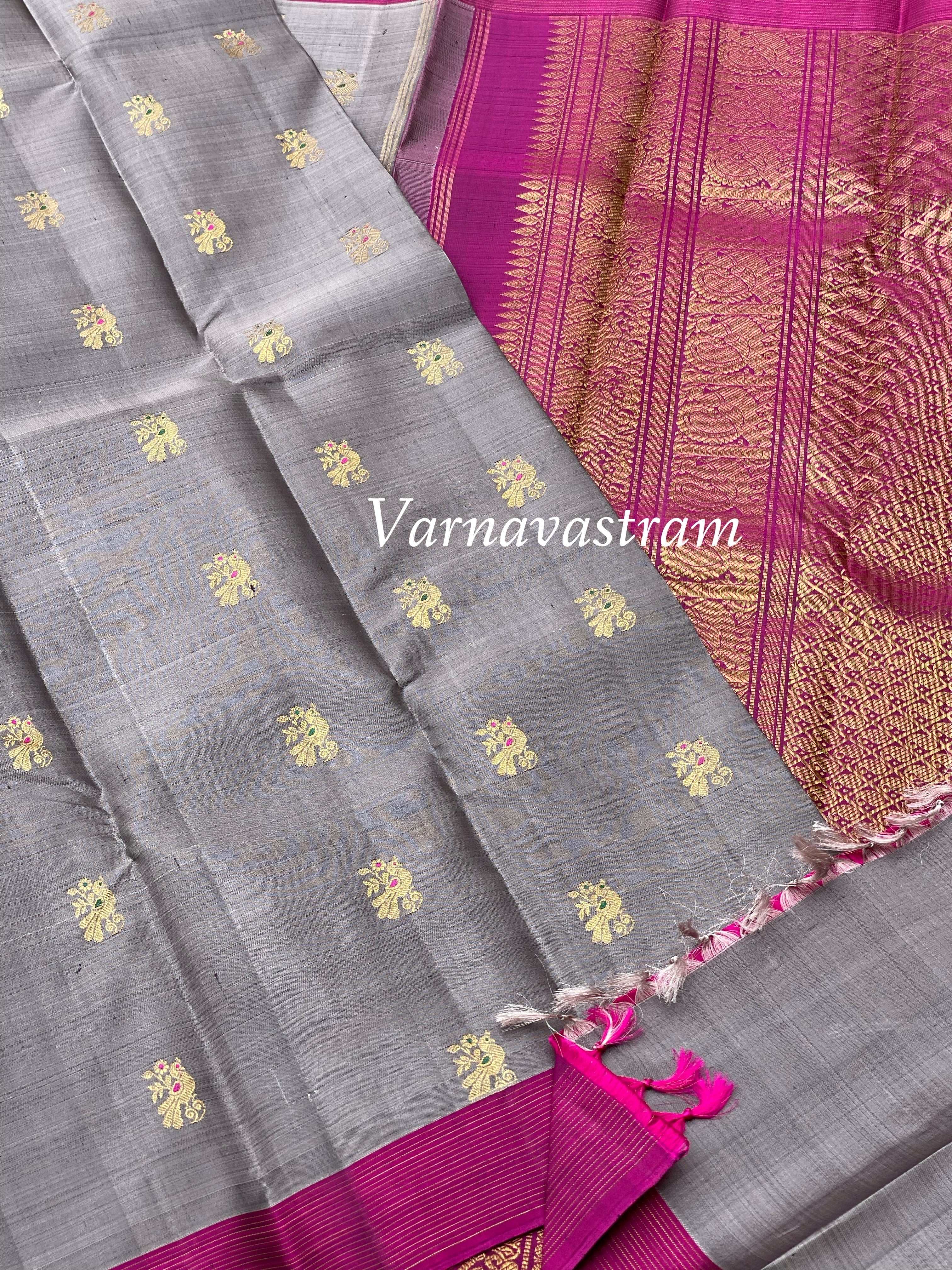 Metallic Grey meenakari Work Kanchivaram silk saree
