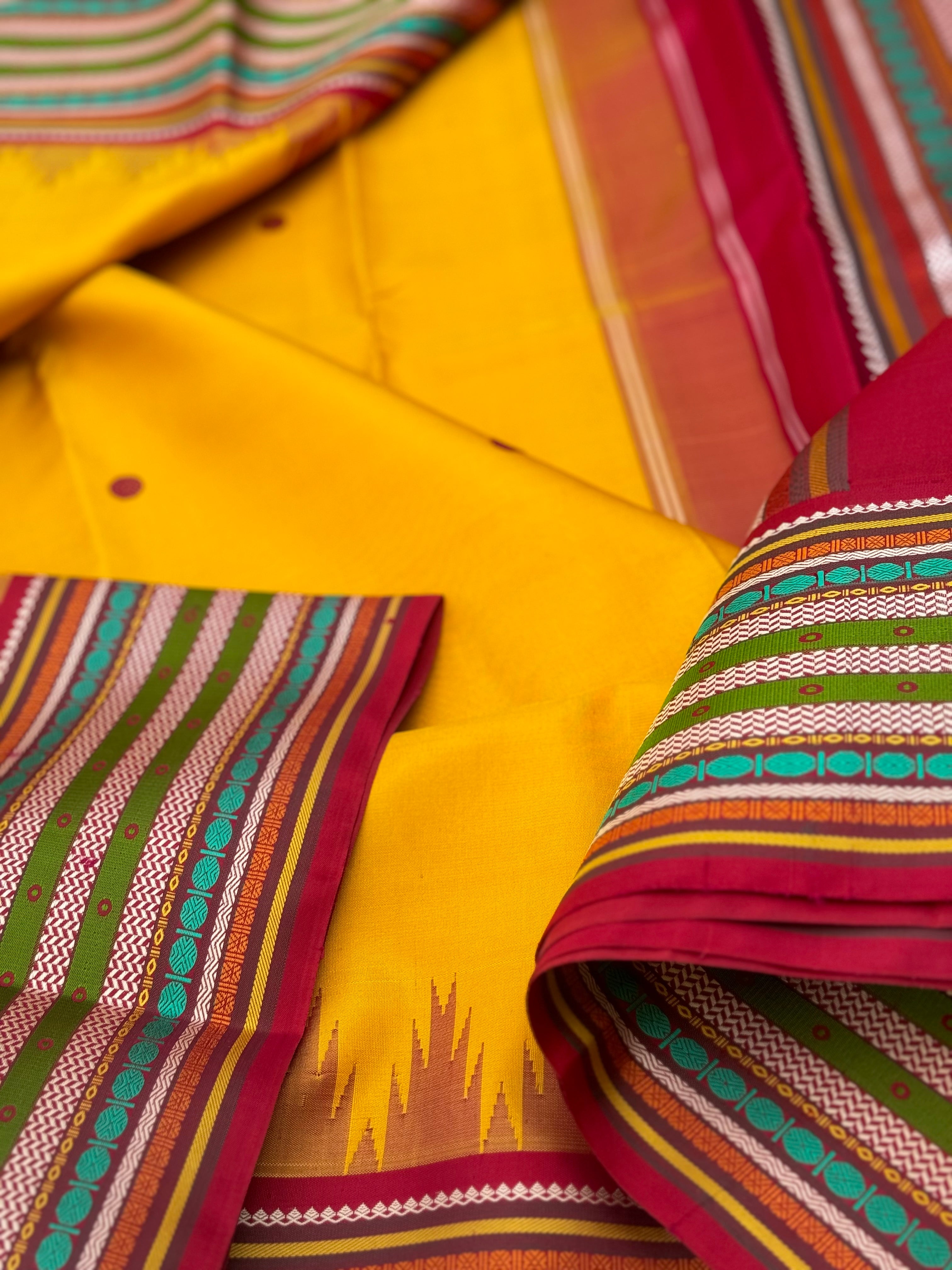 The stunner mango yellow with multicolour arakku korvai kanchivaram silk saree
