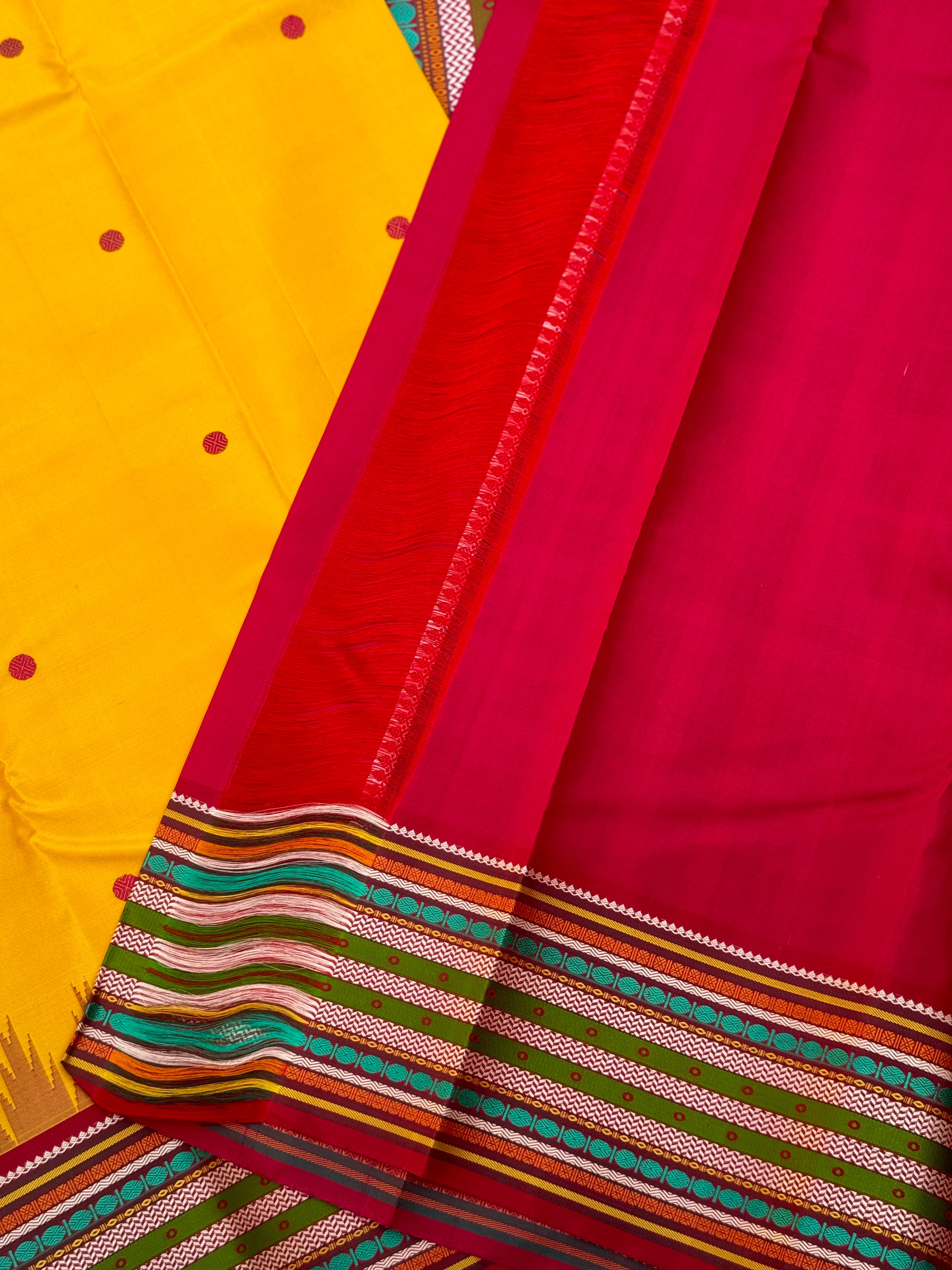 The stunner mango yellow with multicolour arakku korvai kanchivaram silk saree
