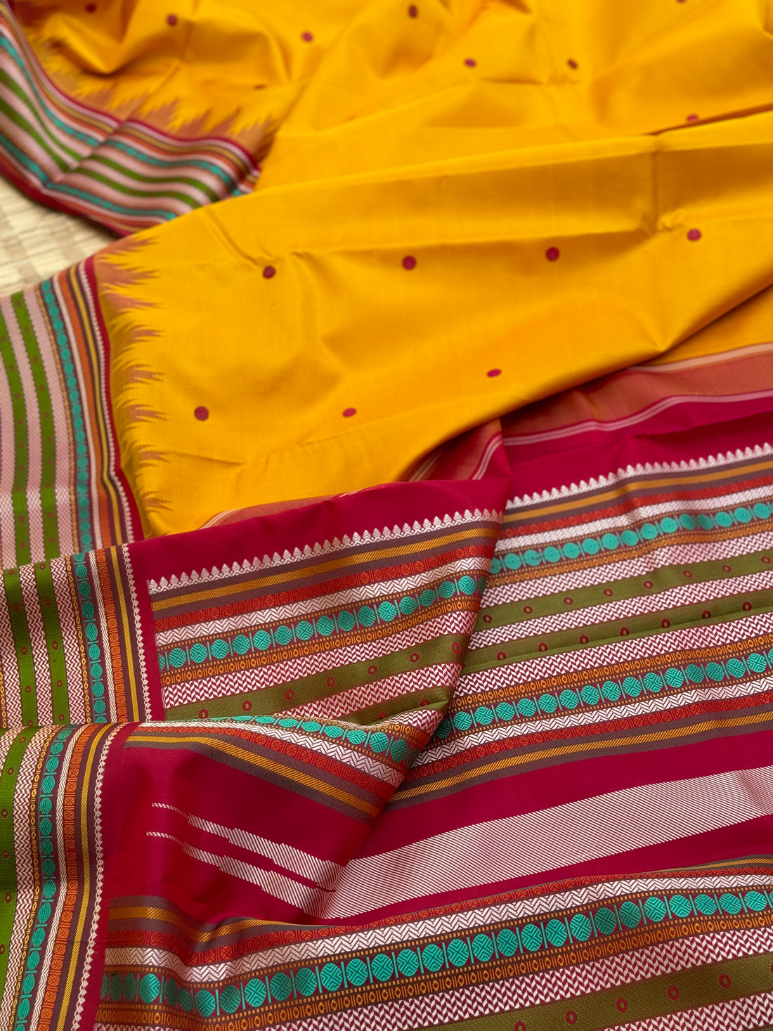 The stunner mango yellow with multicolour arakku korvai kanchivaram silk saree