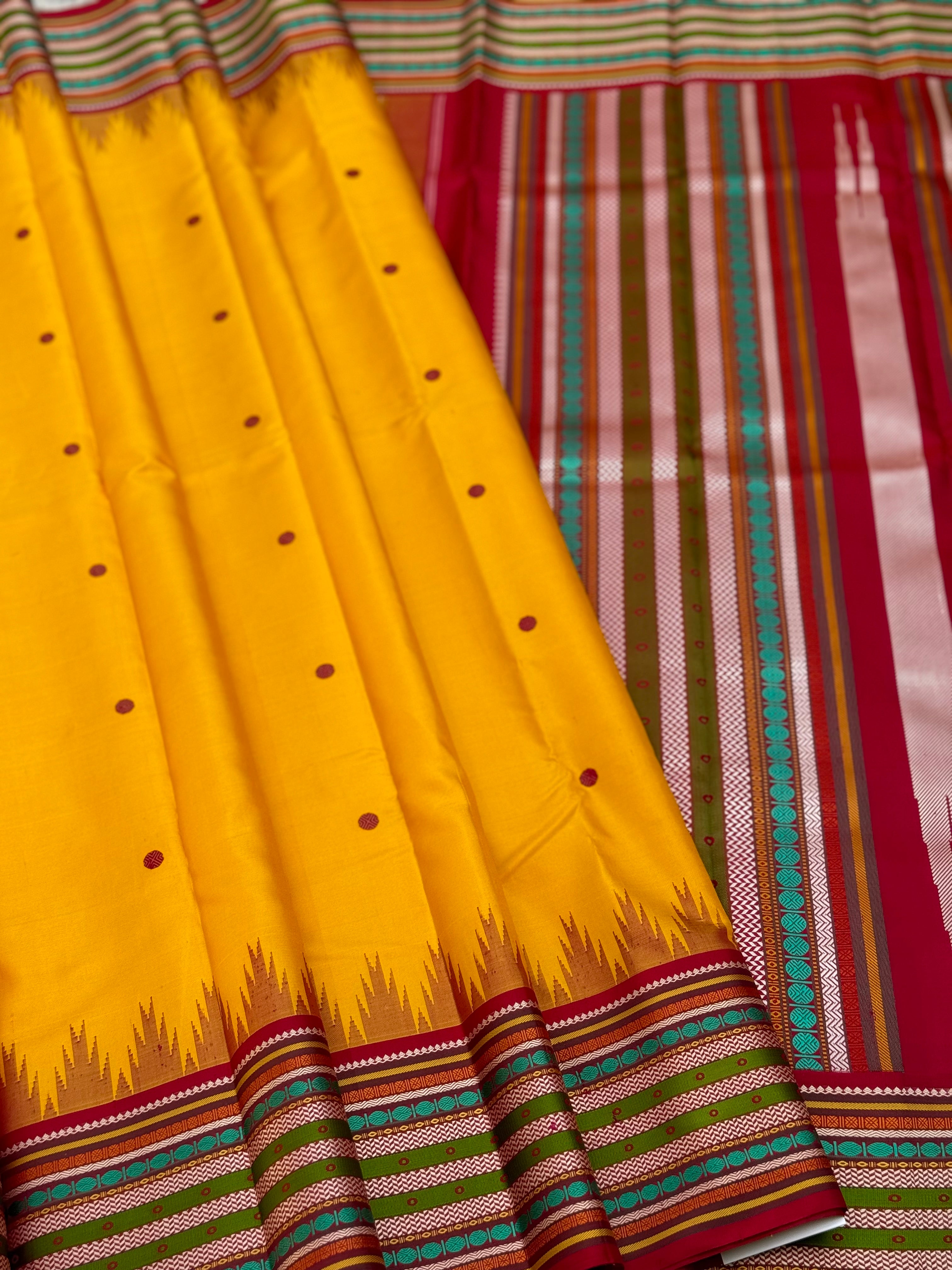 The stunner mango yellow with multicolour arakku korvai kanchivaram silk saree