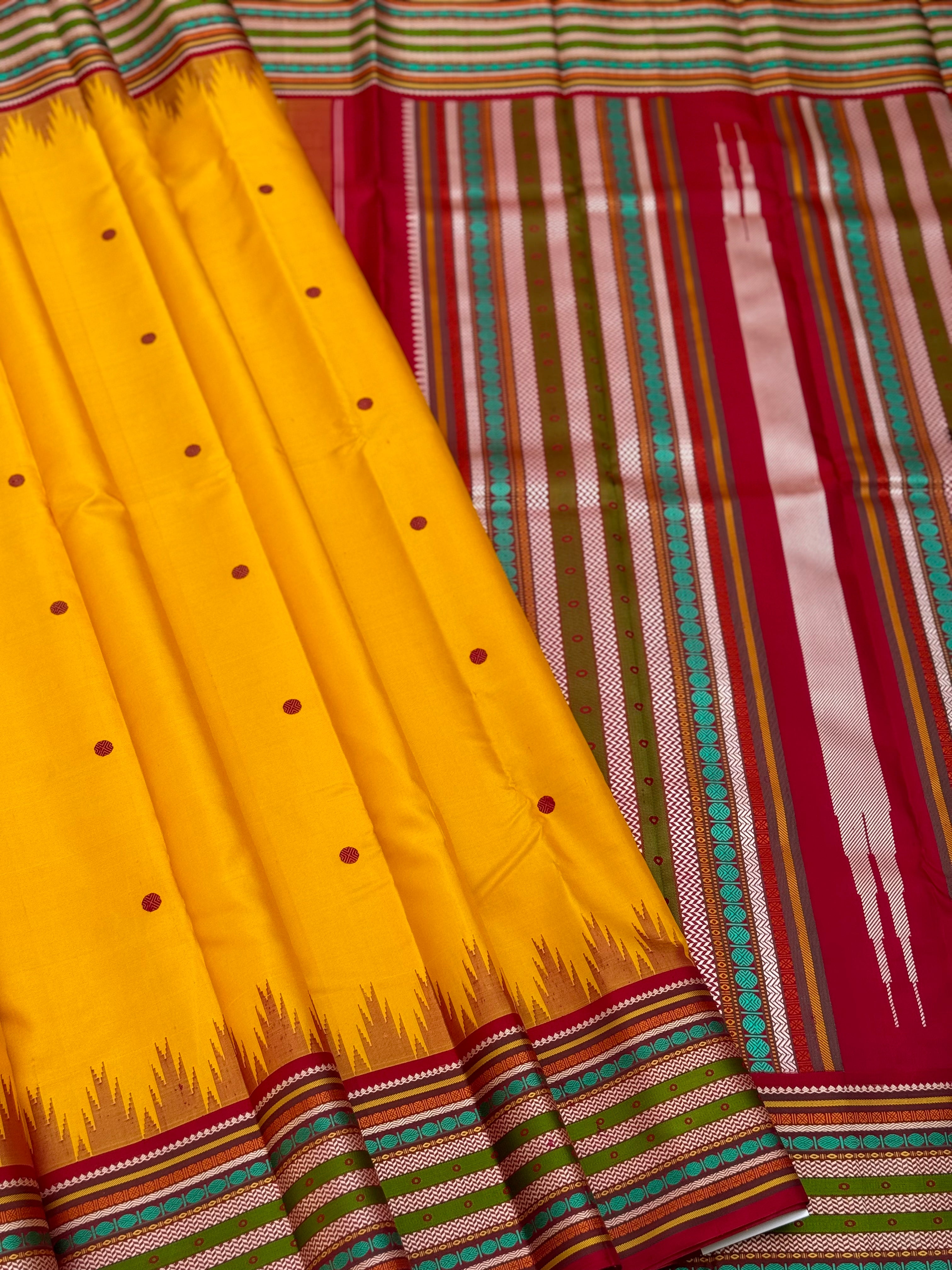 The stunner mango yellow with multicolour arakku korvai kanchivaram silk saree