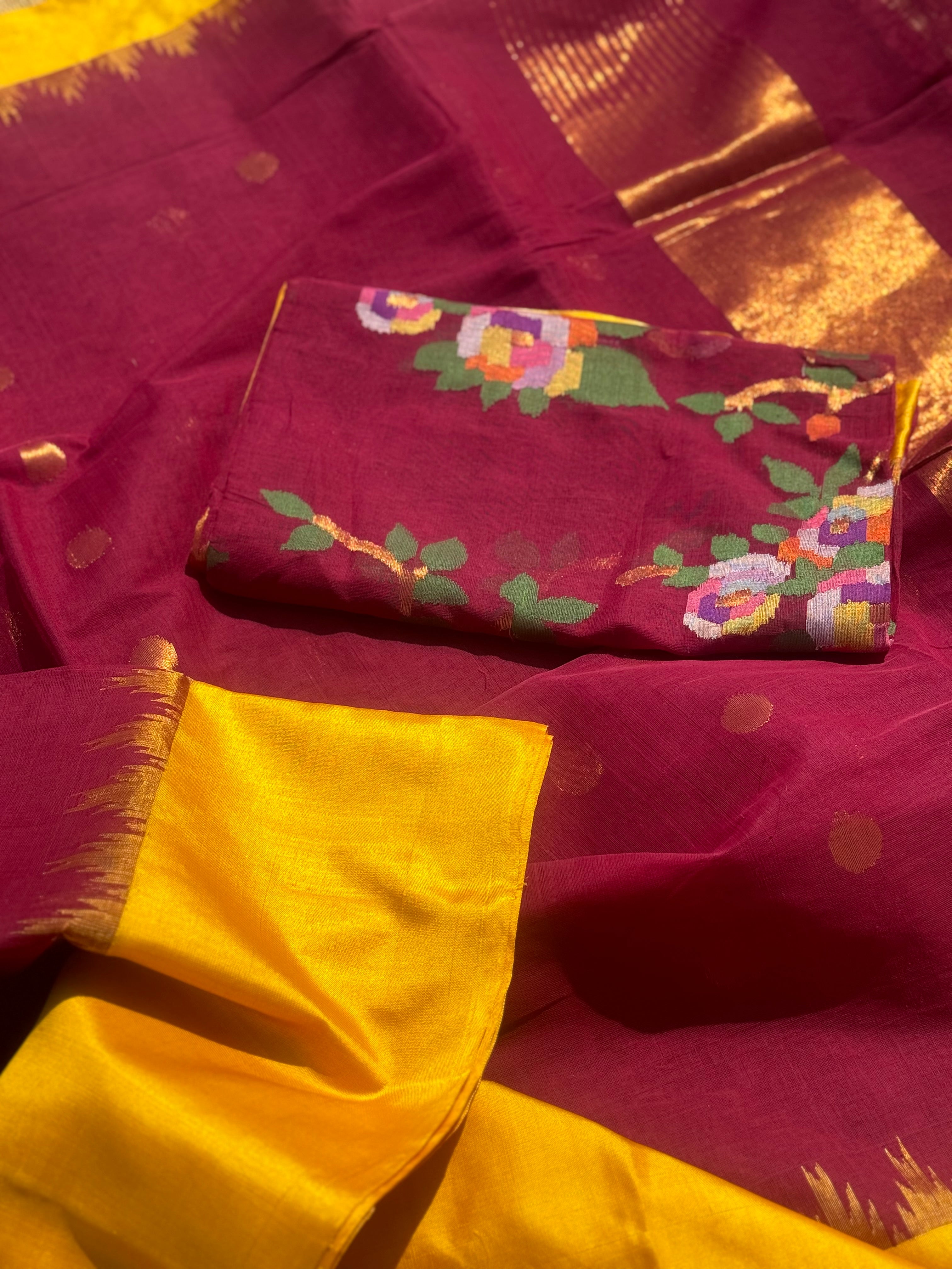 Ponduru Khadhi peachish pink with yellow saree with all over jaal weave on blouse