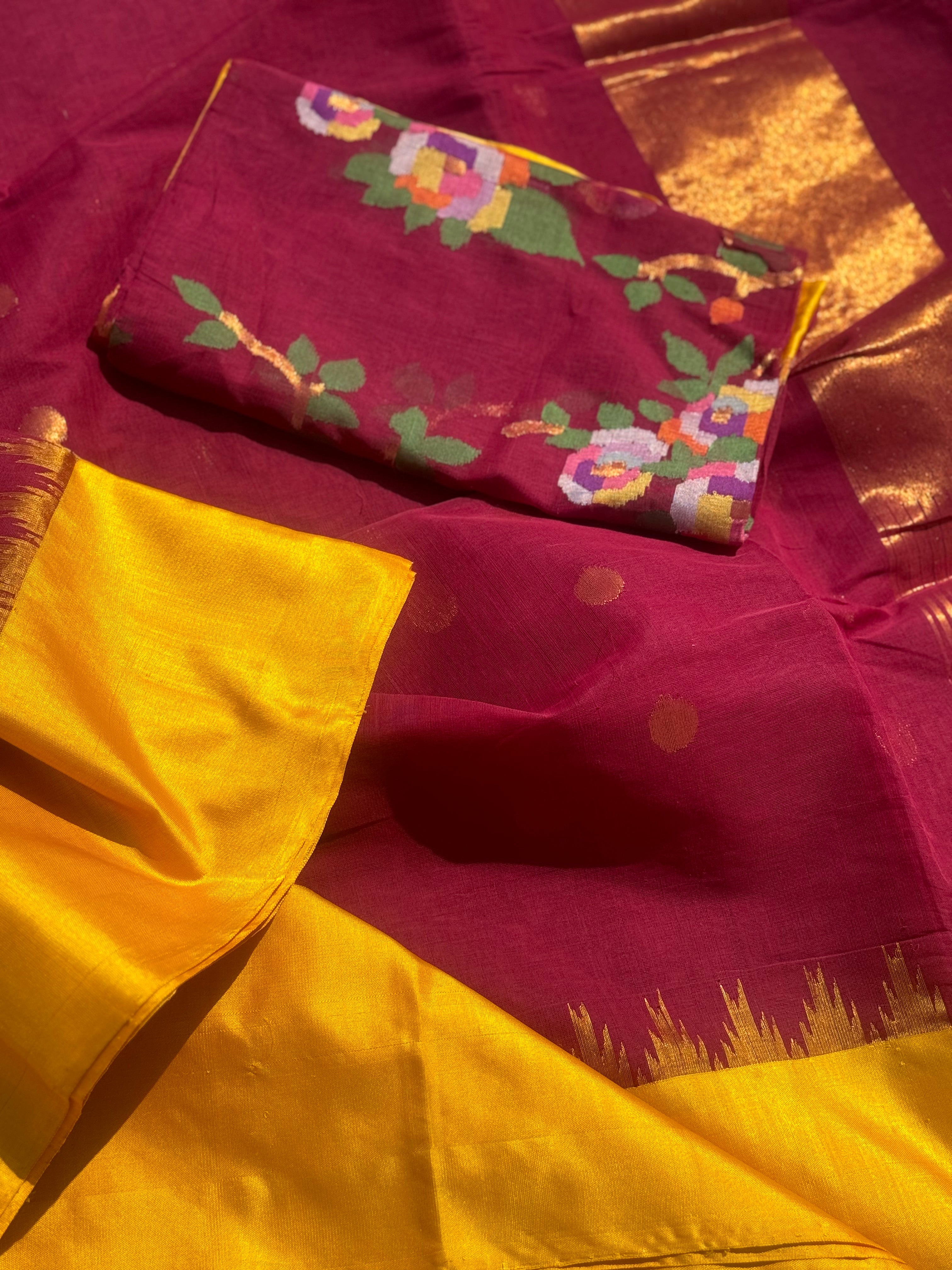 Ponduru Khadhi peachish pink with yellow saree with all over jaal weave on blouse